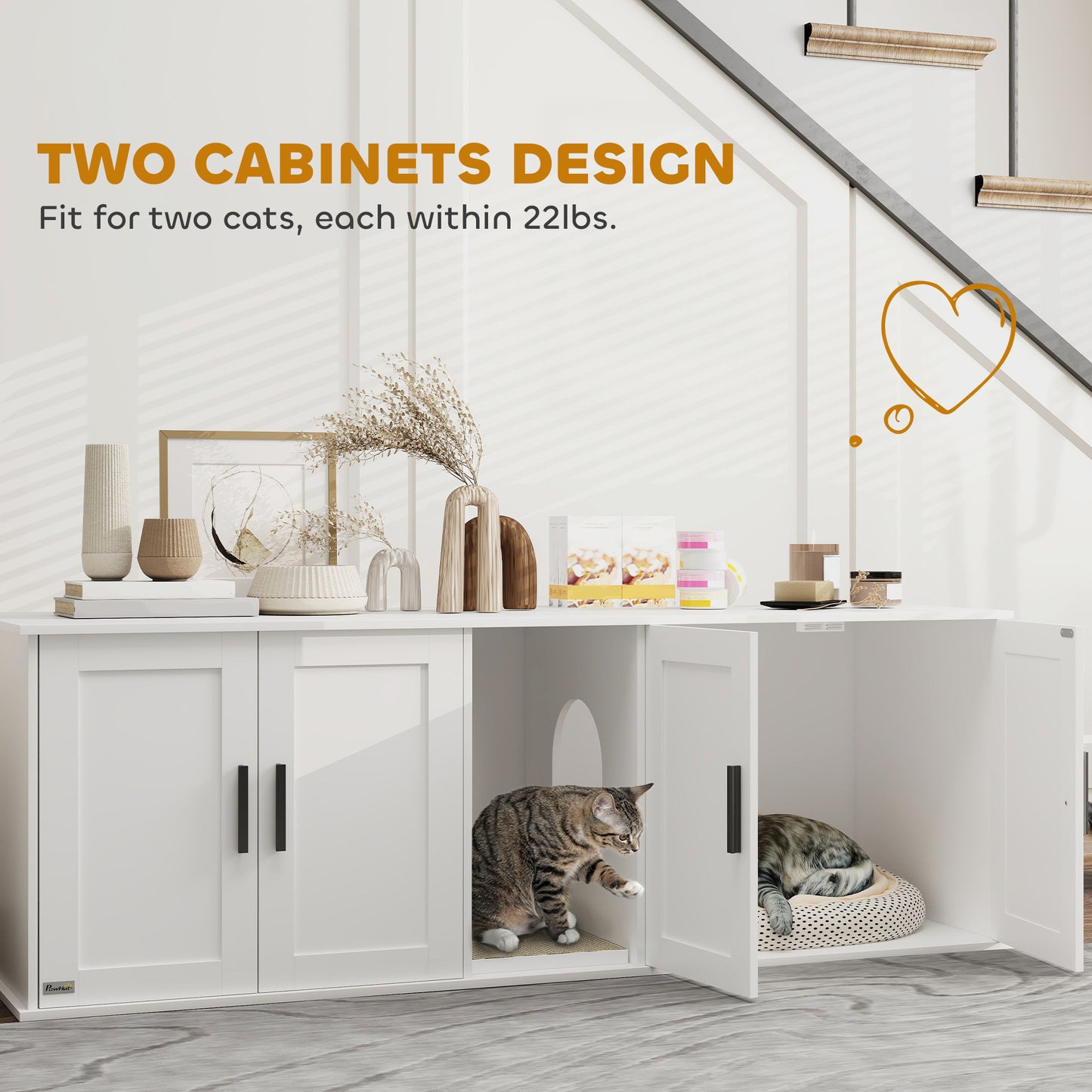 PawHut Double Cat Litter Box Enclosure w/ Scratching Mat – White (57")