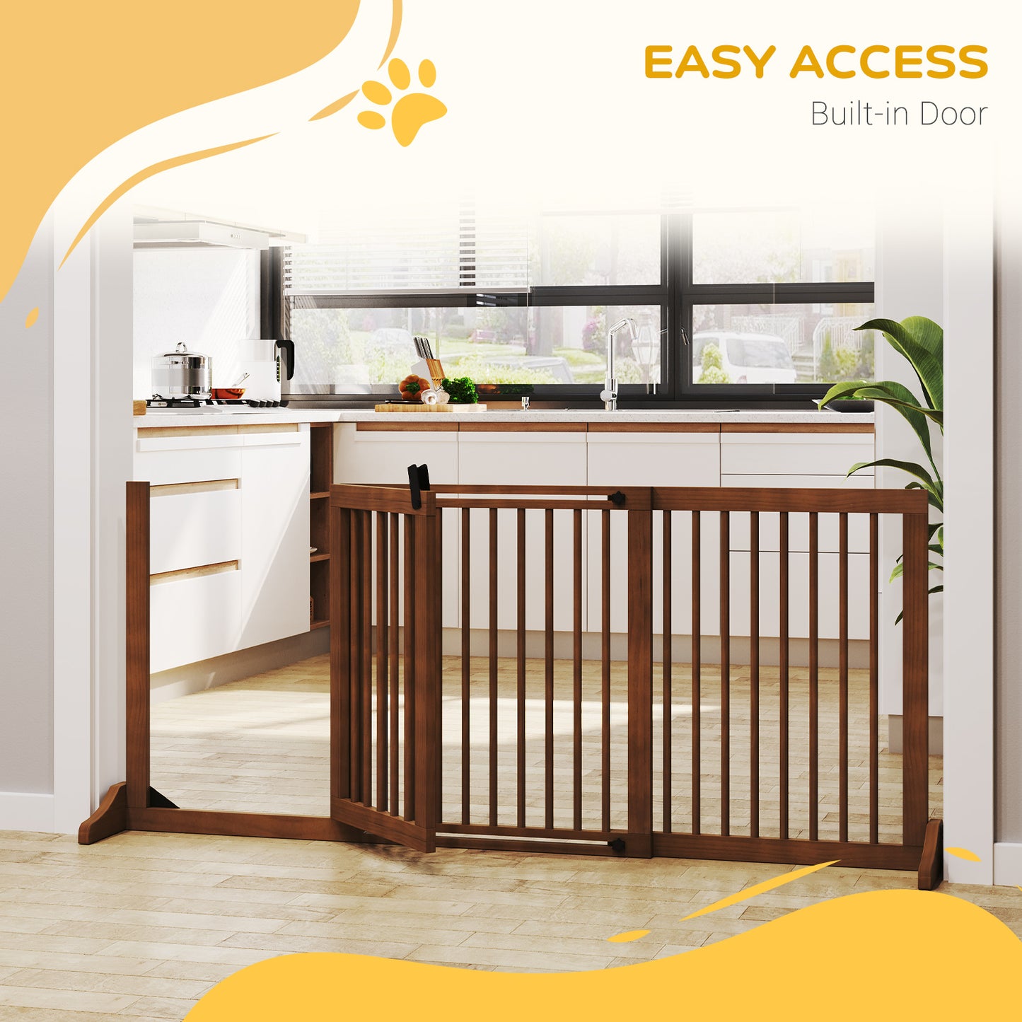 PawHut Freestanding Length Adjustable Wooden Pet Gate with Lockable Door 3 Panels, Brown