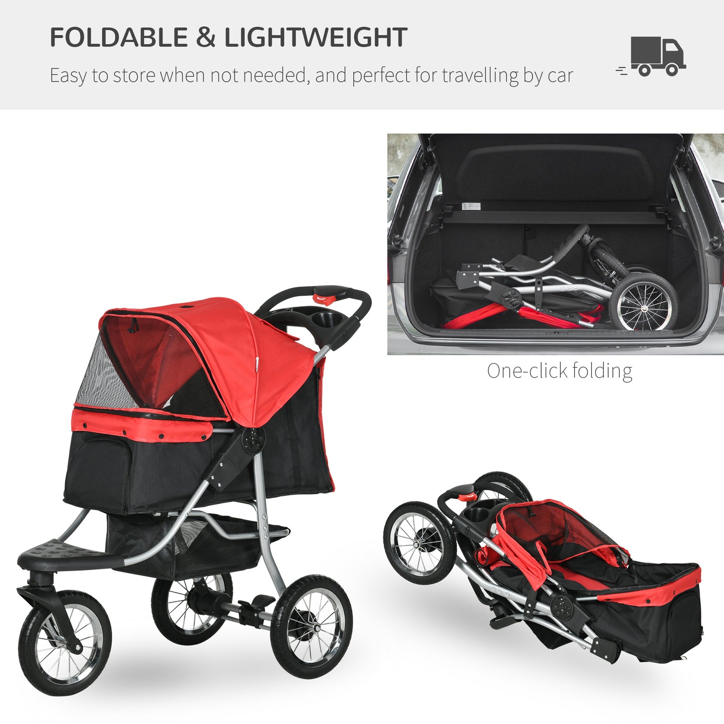 PawHut Luxury One-click Folding Pet Stroller Dog/Cat Travel Carriage with Wheels Adjustable Canopy Zippered Mesh Window Door Red and Black