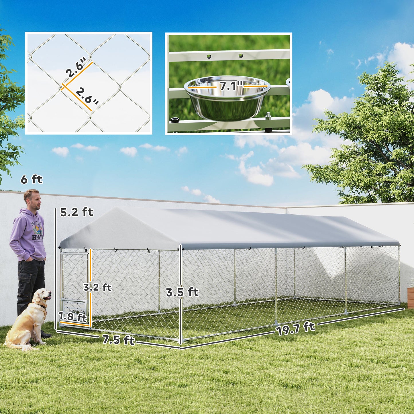 PawHut Outdoor Dog Kennel with Adjustable & Rotatable Bowl Rack, Waterproof Cover, Secure Lock, 19.7' x 7.5' x 5.2'