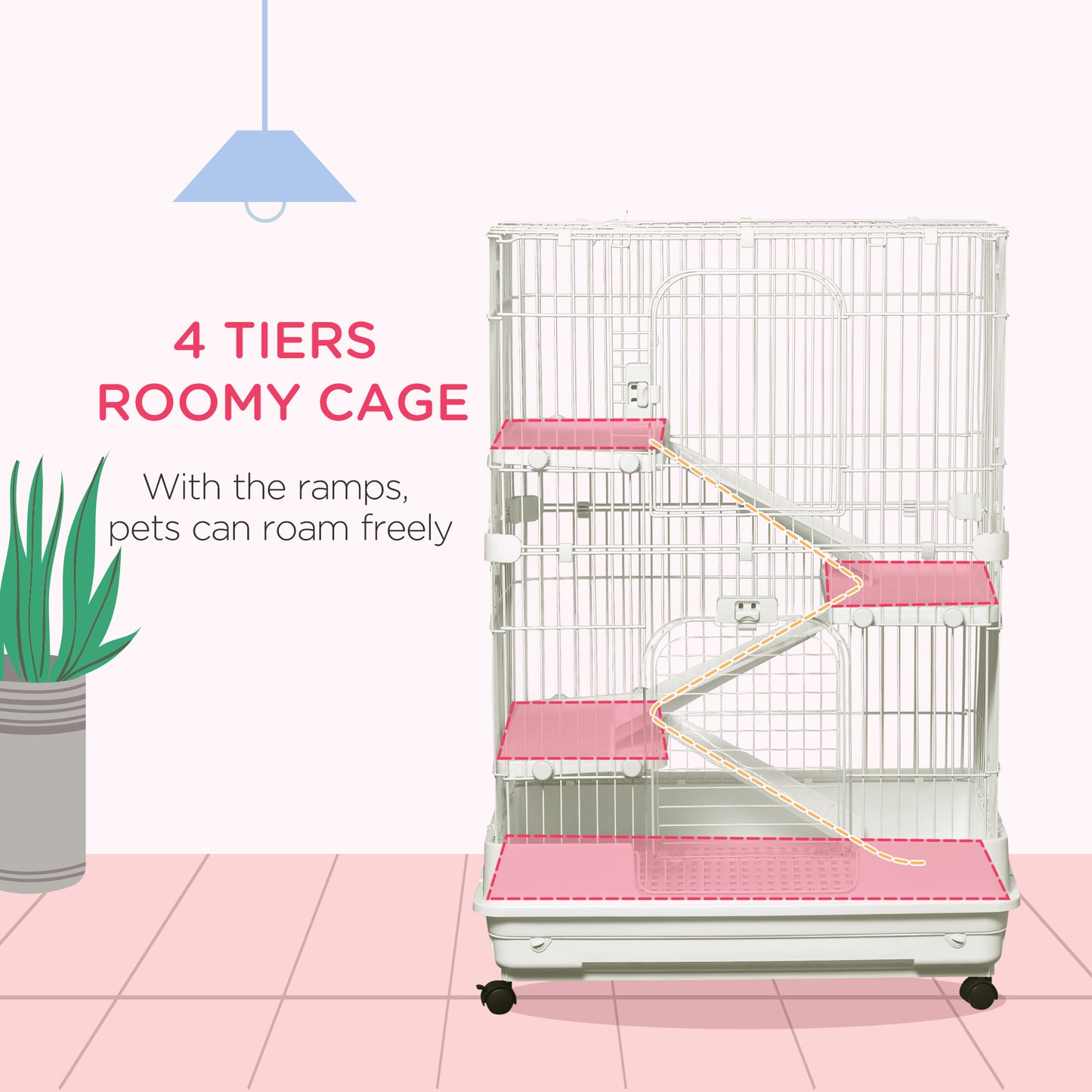 PawHut 32"L 4-Level Small Animal Cage Rabbit Hutch with Universal Lockable Wheels, Slide-out Tray for Bunny, Chinchillas, Ferret, White