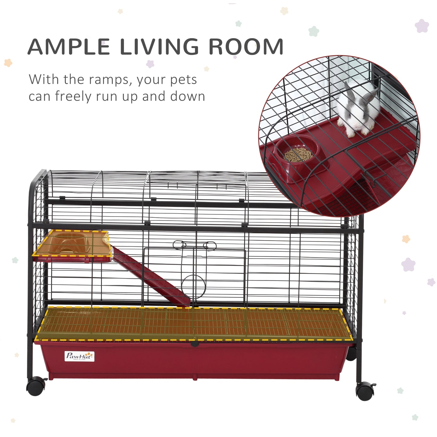 PawHut 41"L Small Animal Cage, Pet Play House for Rabbit Hutch Ferret with Feeder, Rolling Wheels, Platform, Ramp