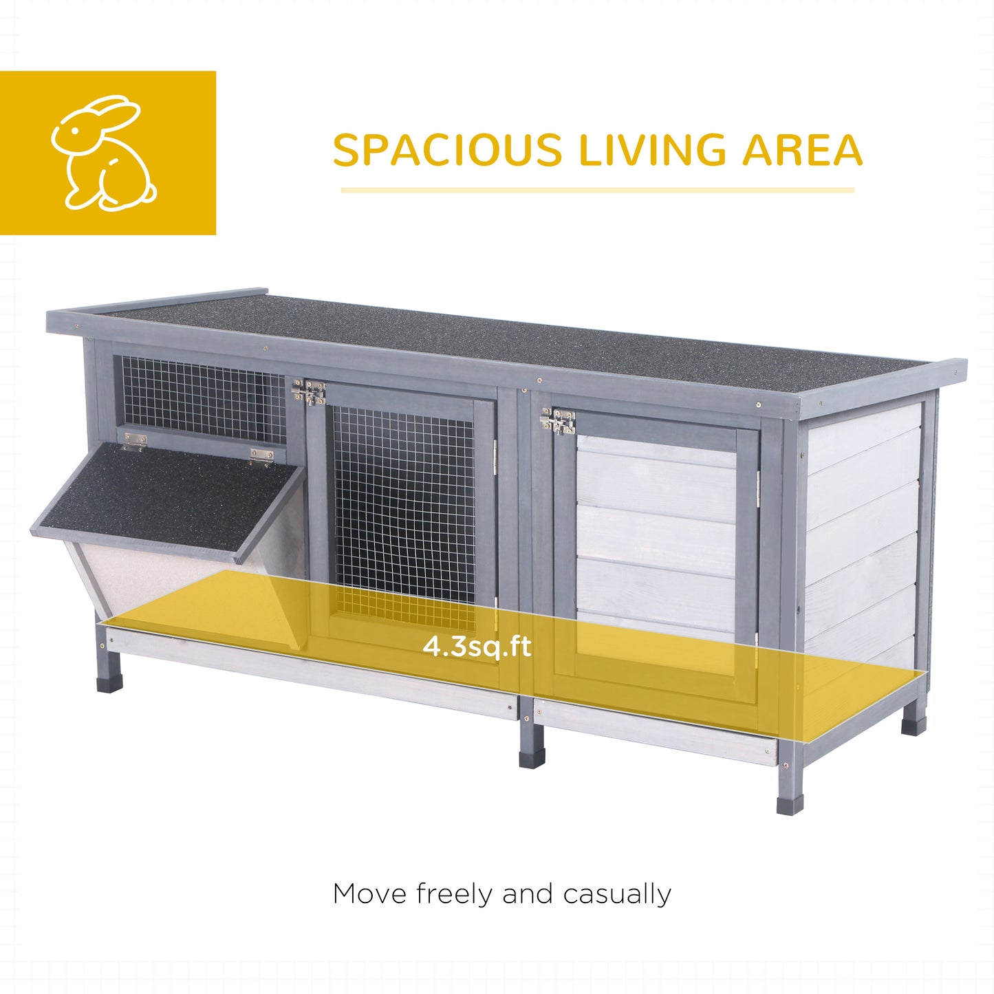 PawHut Wooden Rabbit Hutch Bunny Hutch Cage Guinea Pig with Waterproof Roof, No Leak Tray and Feeding Trough, for Rabbits, Chickens, Ducks, Indoor/Outdoor, Gray