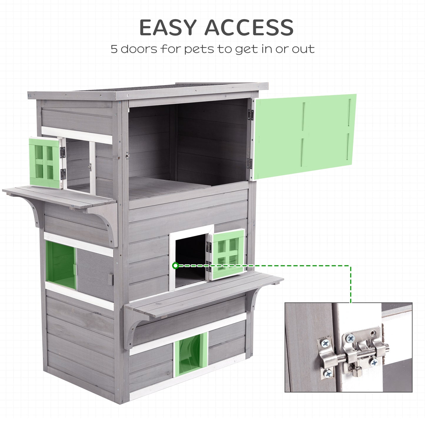 PawHut Outdoor Cat House, 3-Tier Kitty Shelter with 5 Escape Doors, Weather Resistant, Gray & White