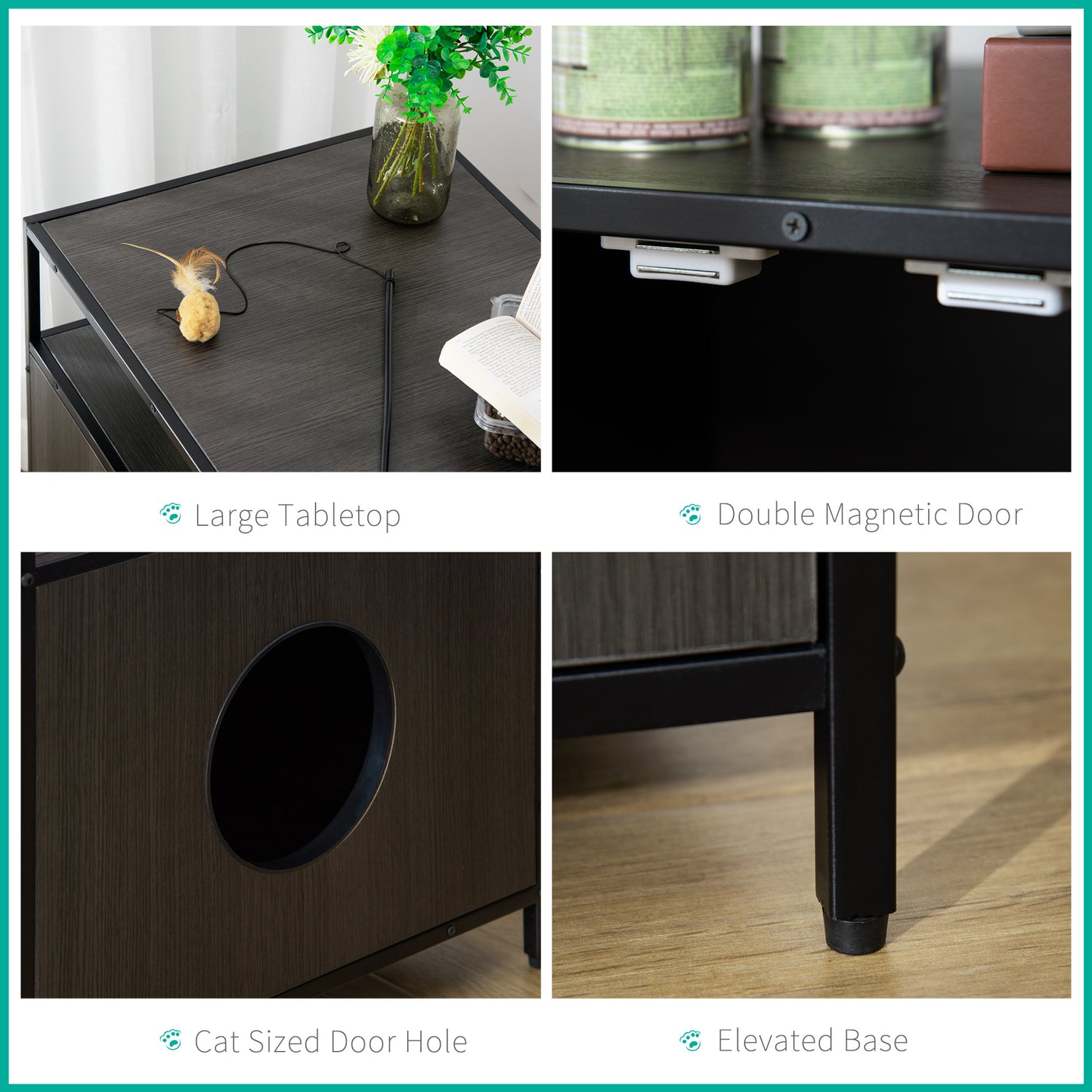 PawHut Wooden Cat Litter Box Enclosure, Hidden Kitten Washroom, Indoor End Table with Magnetic Doors & Storage Shelves, Black