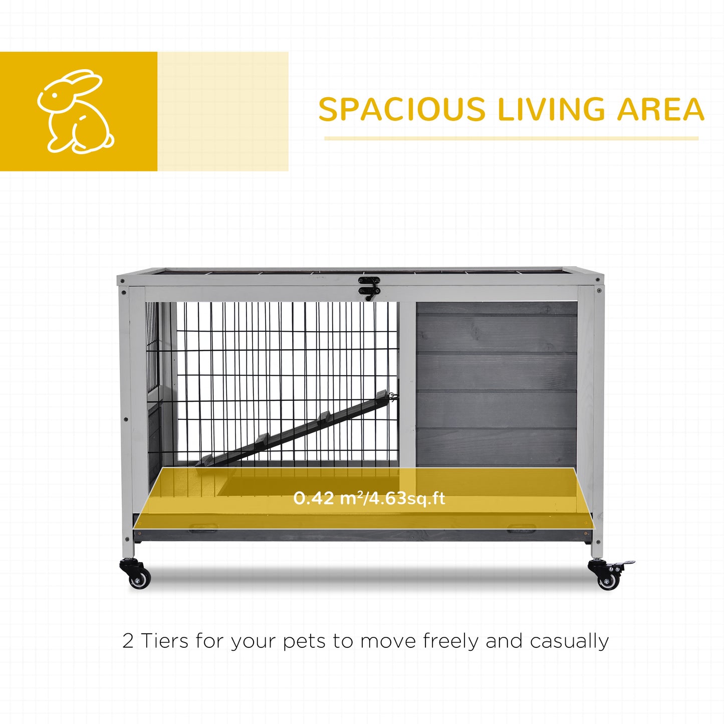 PawHut Indoor Rabbit Enclosure, Wooden Elevated Cage Habitat with Enclosed Run with Wheels - Ideal for Rabbits and Guinea Pigs