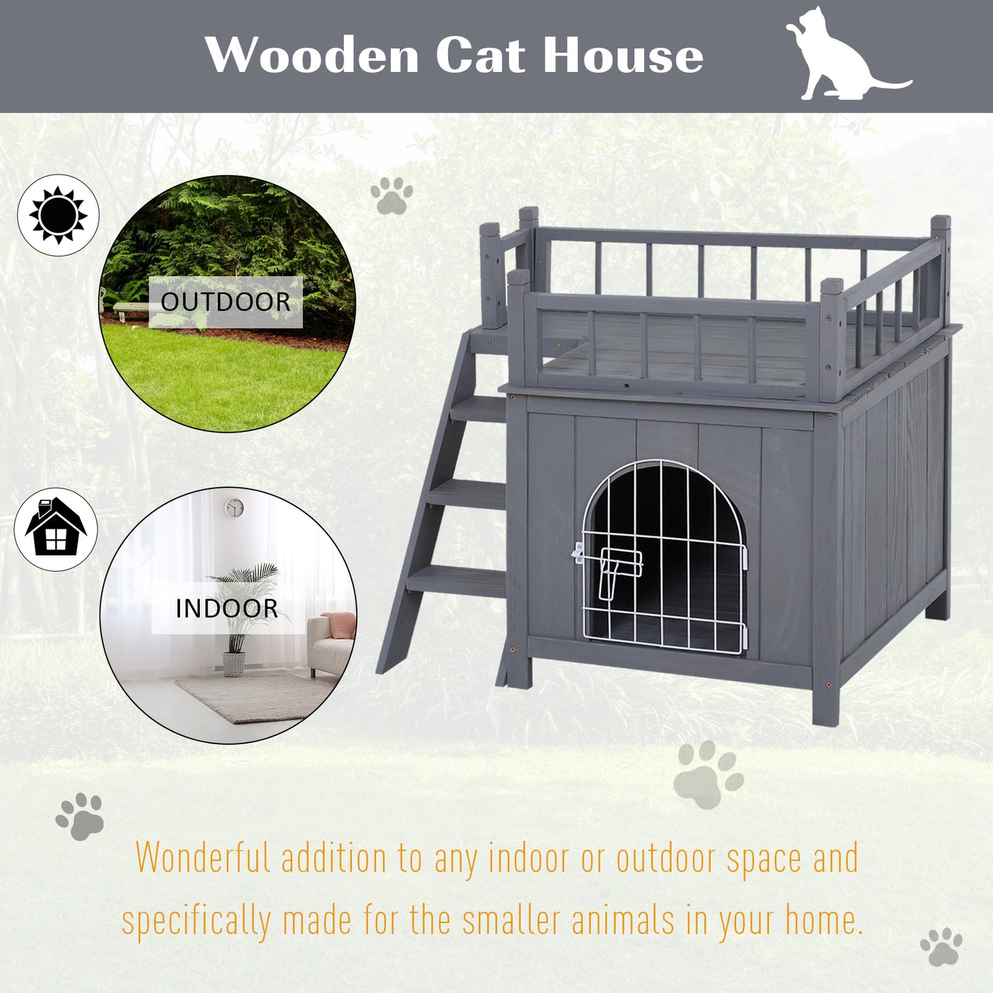 PawHut 2-Level Wooden Cat House, Outdoor Dog Shelter Cat Condo with Lockable Wire Door and Balcony, Gray