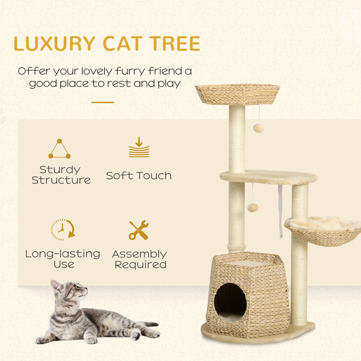 PawHut Cat Tree, 47" Cat Tower for Indoor Cats with Cattail Fluff Cat Condo, Cat Beds, Jumping Platform, Scratching Posts, Hanging Toy Ball, Natural