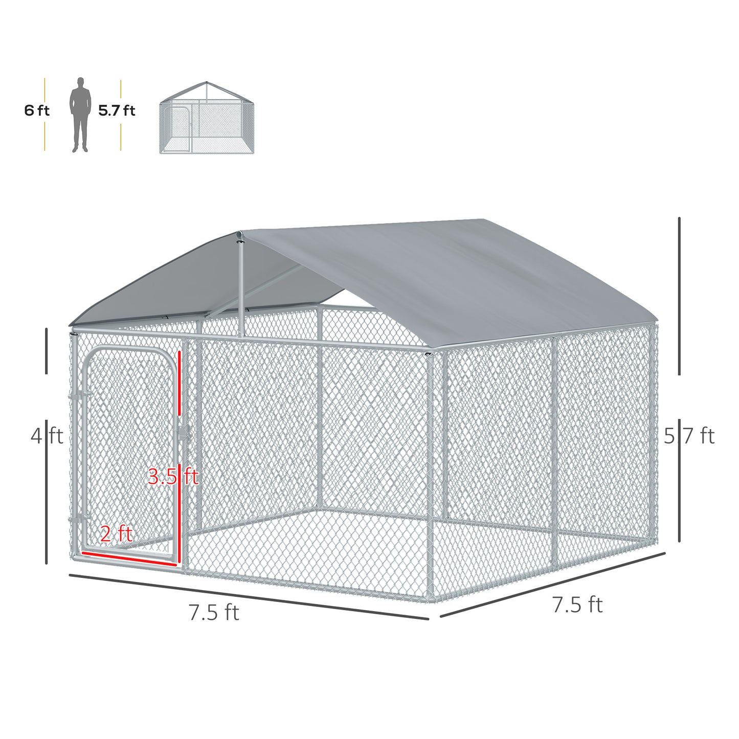 PawHut Outdoor Dog Kennel, Heavy Duty Dog Run Outdoor Fence with Waterproof Cover, Galvanized Chain Link, Secure Lock, 7.5' x 7.5' x 5.6'