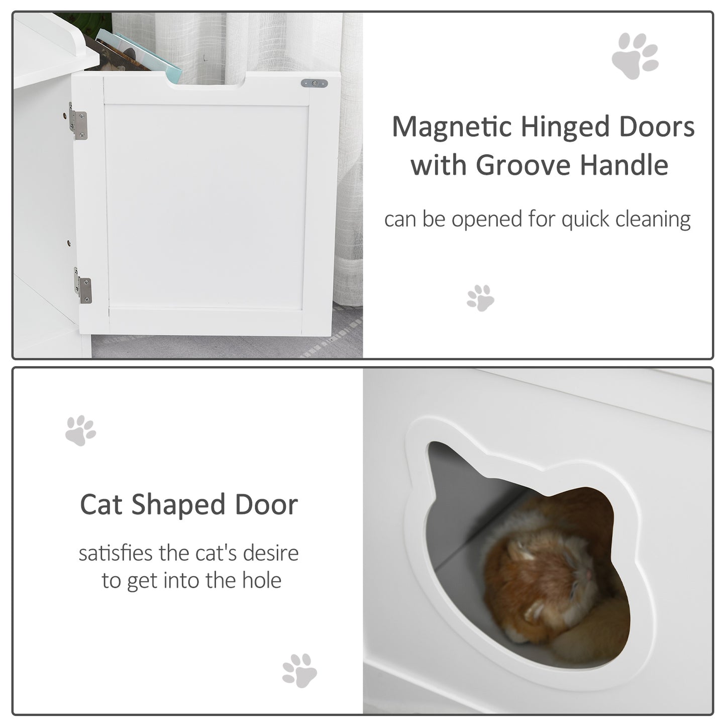 PawHut Wooden Cat Litter Box Enclosure, Hidden Cat Washroom, Kitten House with Nightstand End Table and Storage Rack Magnetic Doors, White
