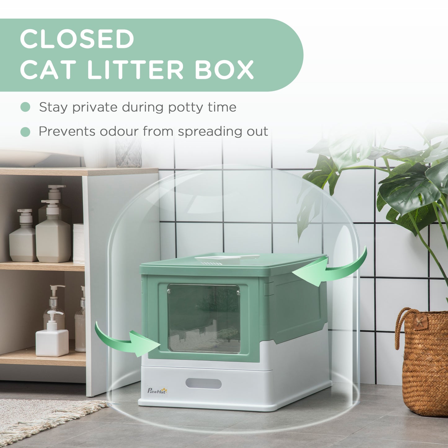 PawHut Fully Enclosed Cat Litter Box with Front Entry and Top Exit, Plastic, Green & White