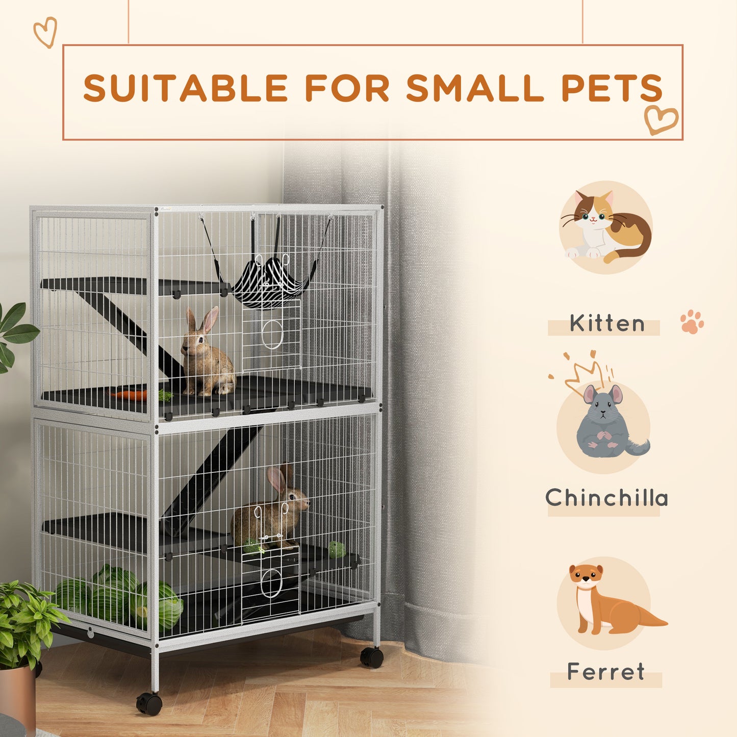 PawHut 50" H Rolling Small Animal Cage with Hammock, Ferret Cage, Chinchilla Cage, Pet Habitat, wIth 4 Doors, Removable Tray