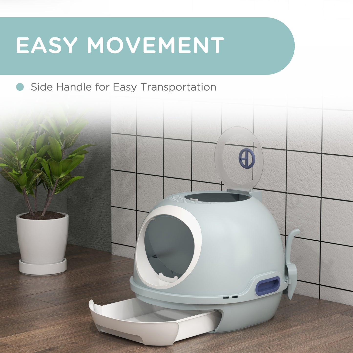 PawHut Cat Litter Box Toilet with Lid, Covered Litter Box with Scoop, Enclosed Drawer, and Skylight, Blue