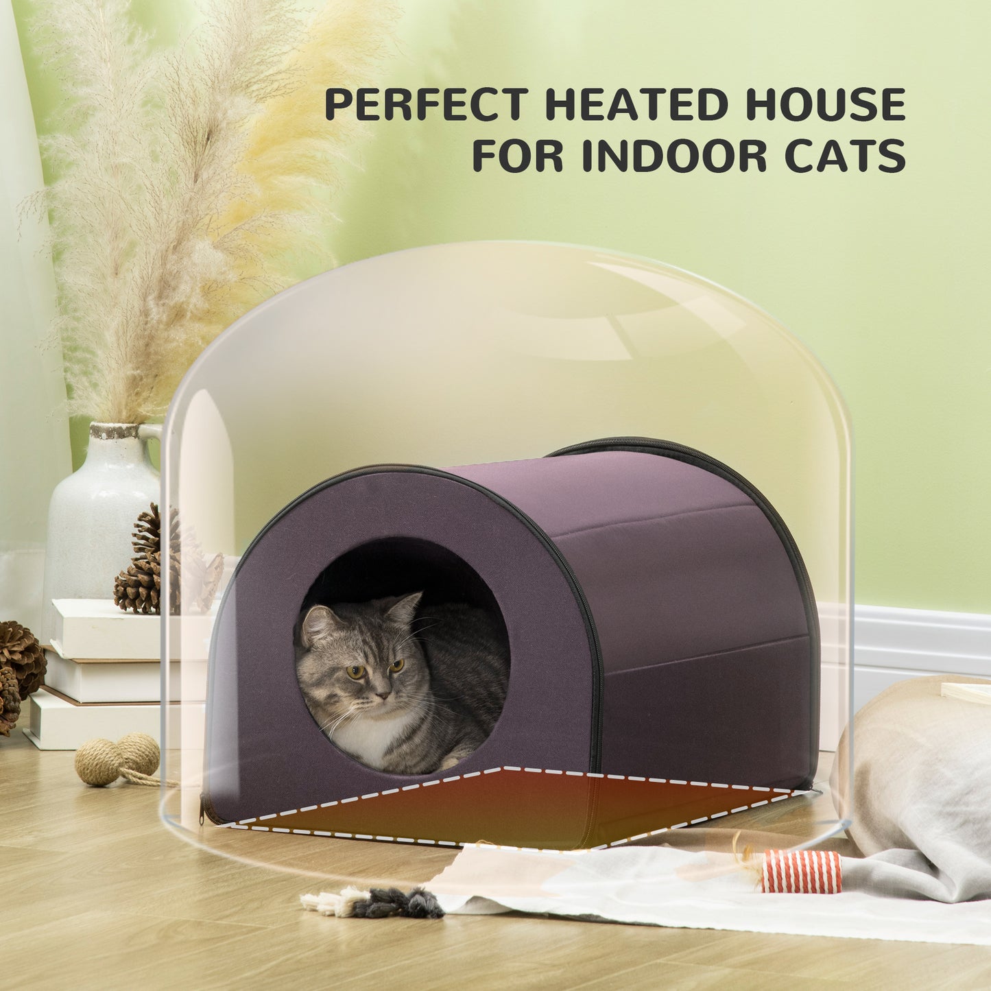 PawHut Dome Heated Cat House Portable and Waterproof Pet Shelter for Kitty in Winter, Brown