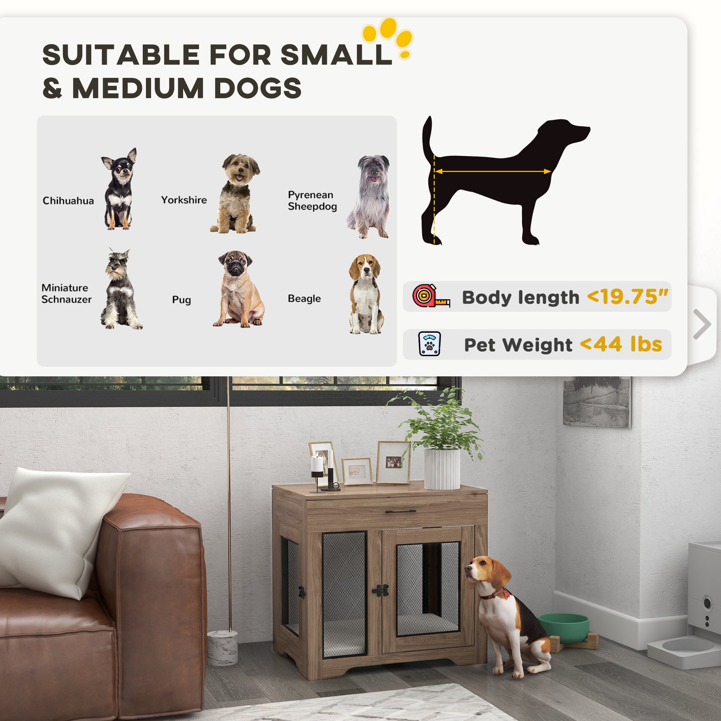 PawHut Dog Crate Furniture with Soft Water-Resistant Cushion, Drawer, for Small Dogs, Brown