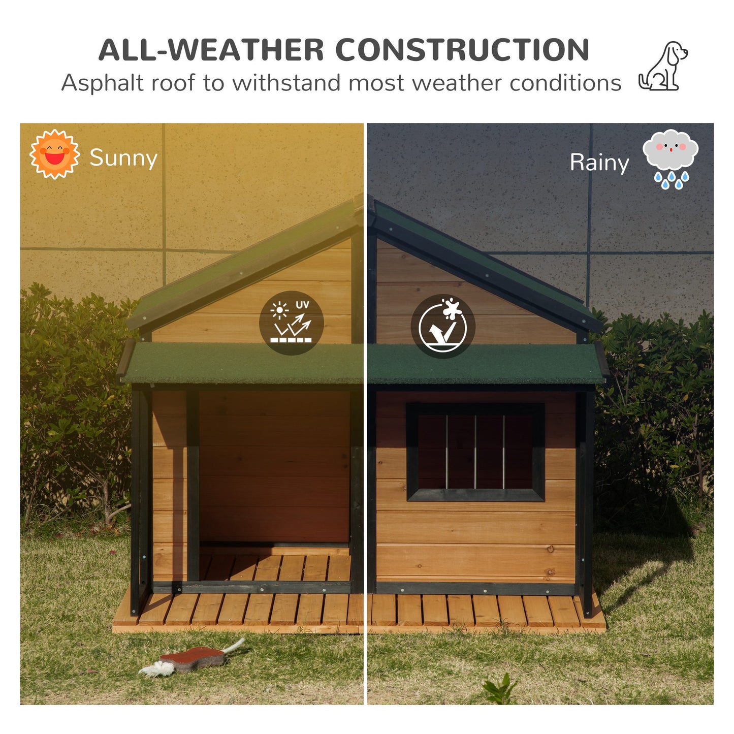PawHut Outdoor Dog House Cabin Style, Wooden Raised Pet Kennel with Asphalt Roof, Front Door, Side Window, Porch for Medium and Large Dogs, Gray