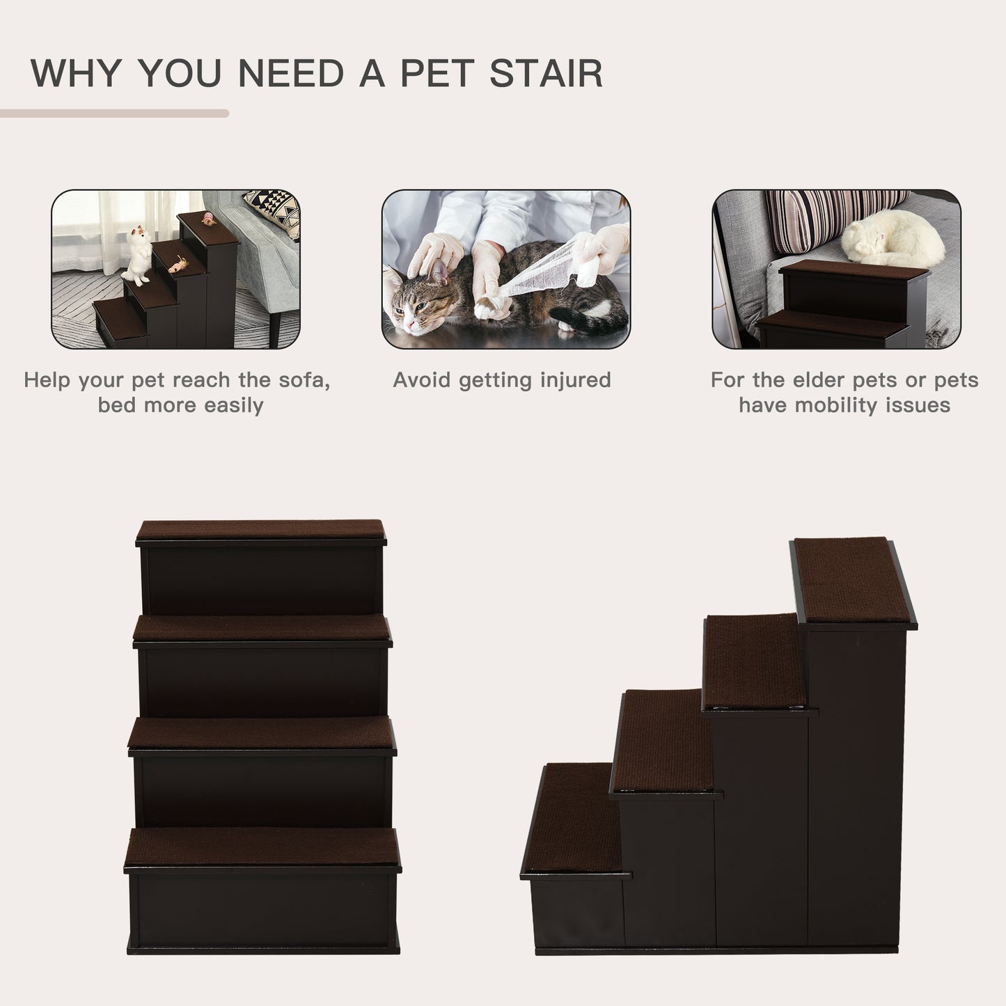 PawHut Pet Stairs, Small Pet Steps with Cushioned Removable Covering for Dogs and Cats Up To 22 lbs, Brown