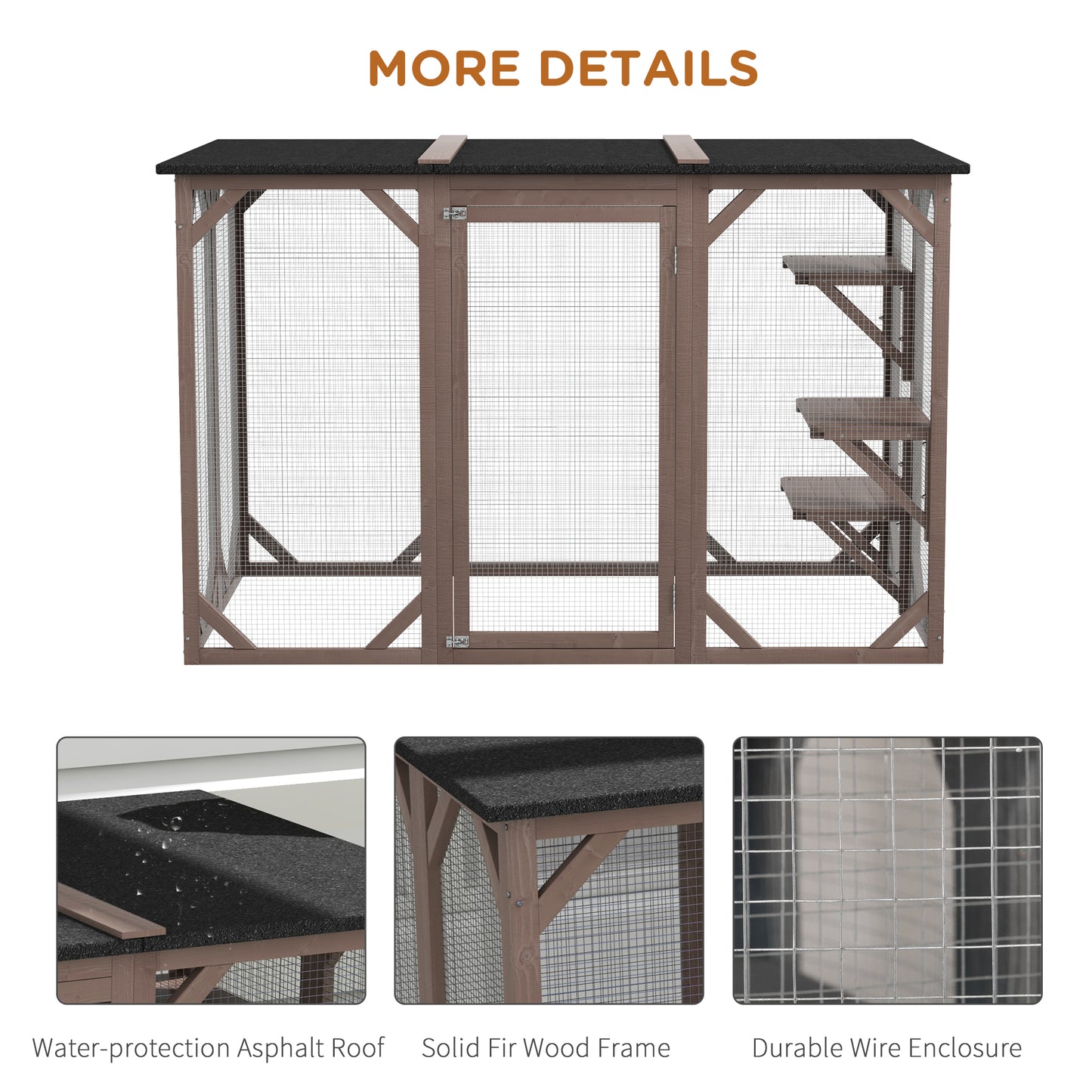 PawHut Outdoor Cat House, Catio Wooden Feral Cat Shelter, Cat Cage with Platforms, Large Enter Door, Weather Protection Asphalt Roof, 71" L, Brown