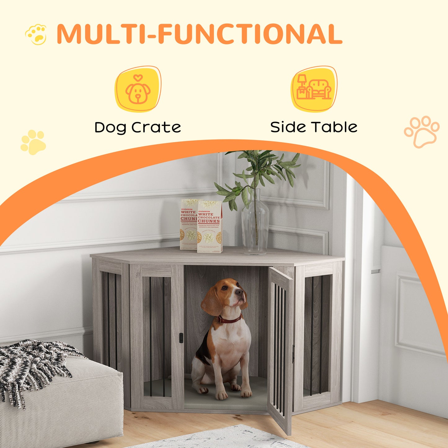 PawHut Corner Dog Crate, Furniture Dog Cages with Cushion for Large-Sized Dog, Indoor Use, Walnut Brown