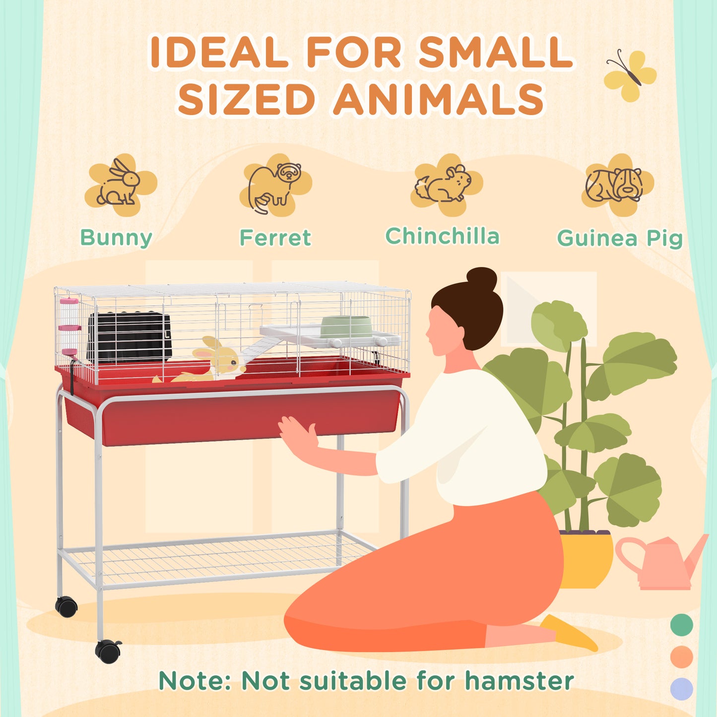 PawHut Two-Story Small Animal Cage Removable from Stand, Pet Habitat with Shelf & Wheels, 33" x 18.5" x 35", Red