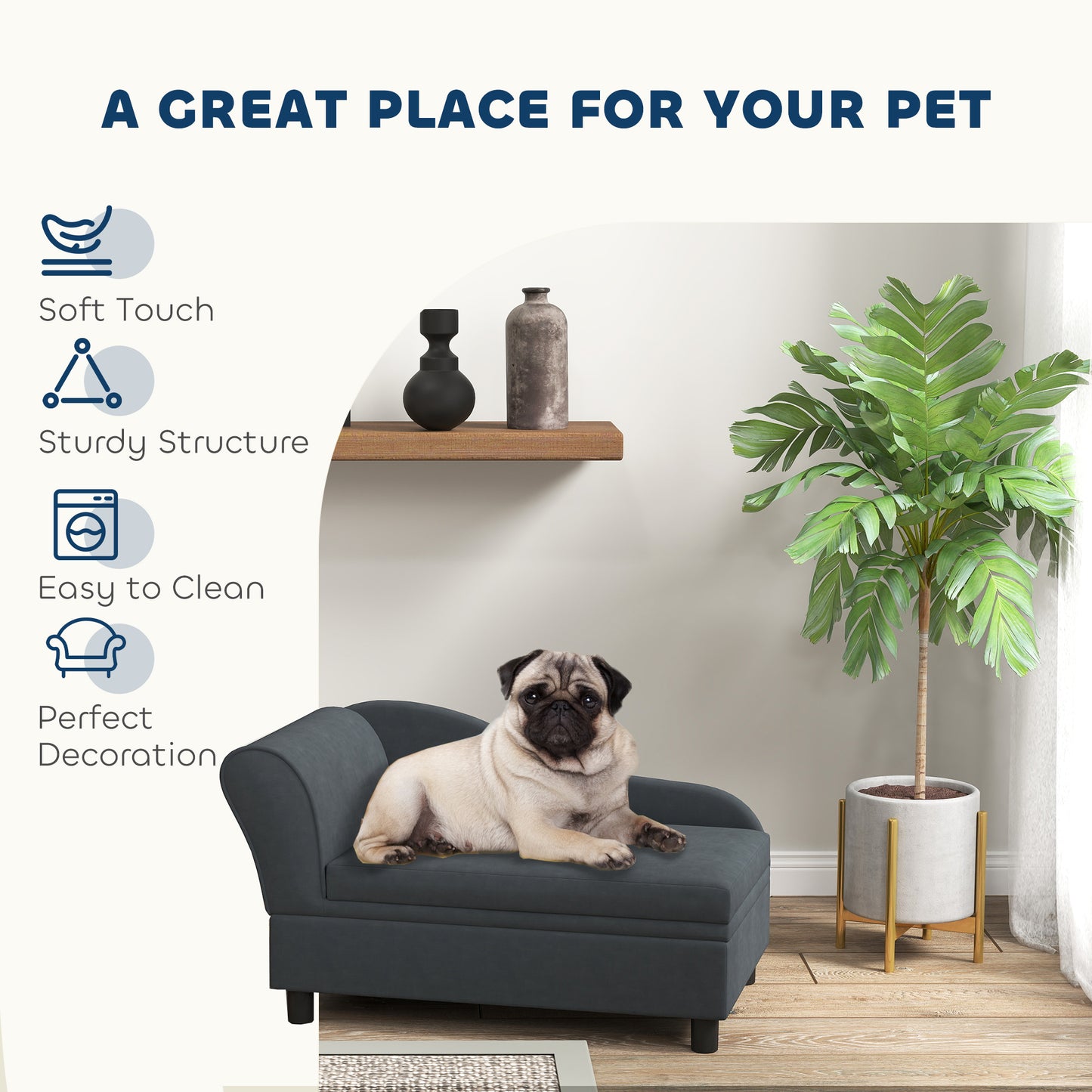 PawHut Pet Sofa Bed Couch with Storage, Pet Sofa for Cats and Small Dogs, Dark Gray