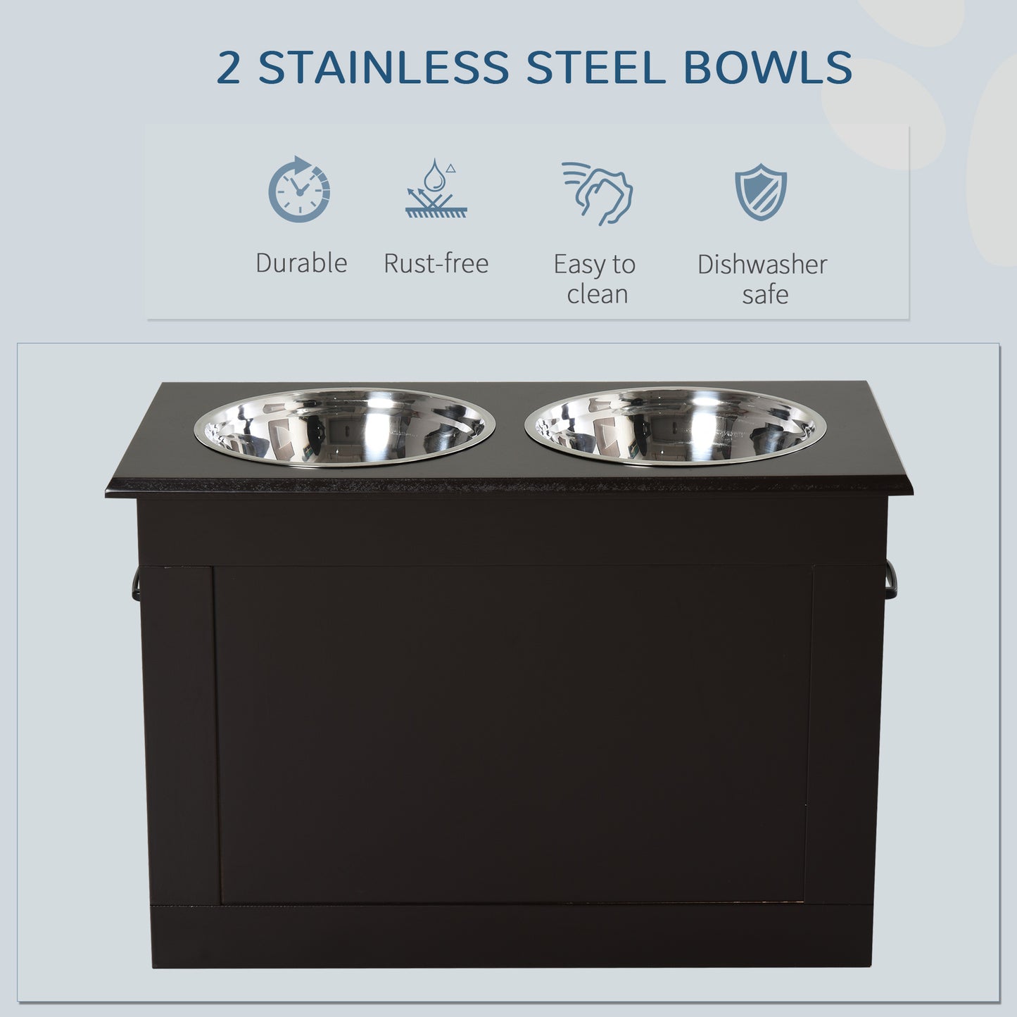 PawHut Raised Pet Feeding Storage Station with 2 Stainless Steel Bowls Base for Large Dogs and Other Large Pets, Coffee