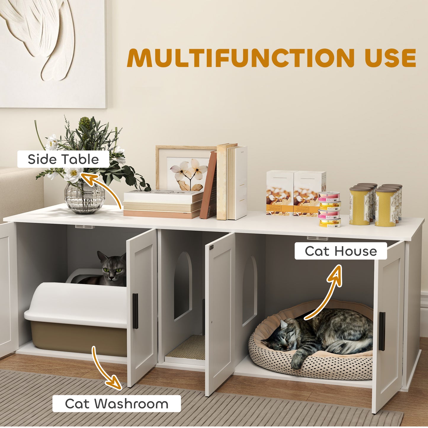 PawHut Double Cat Litter Box Enclosure w/ Scratching Mat – White (57")