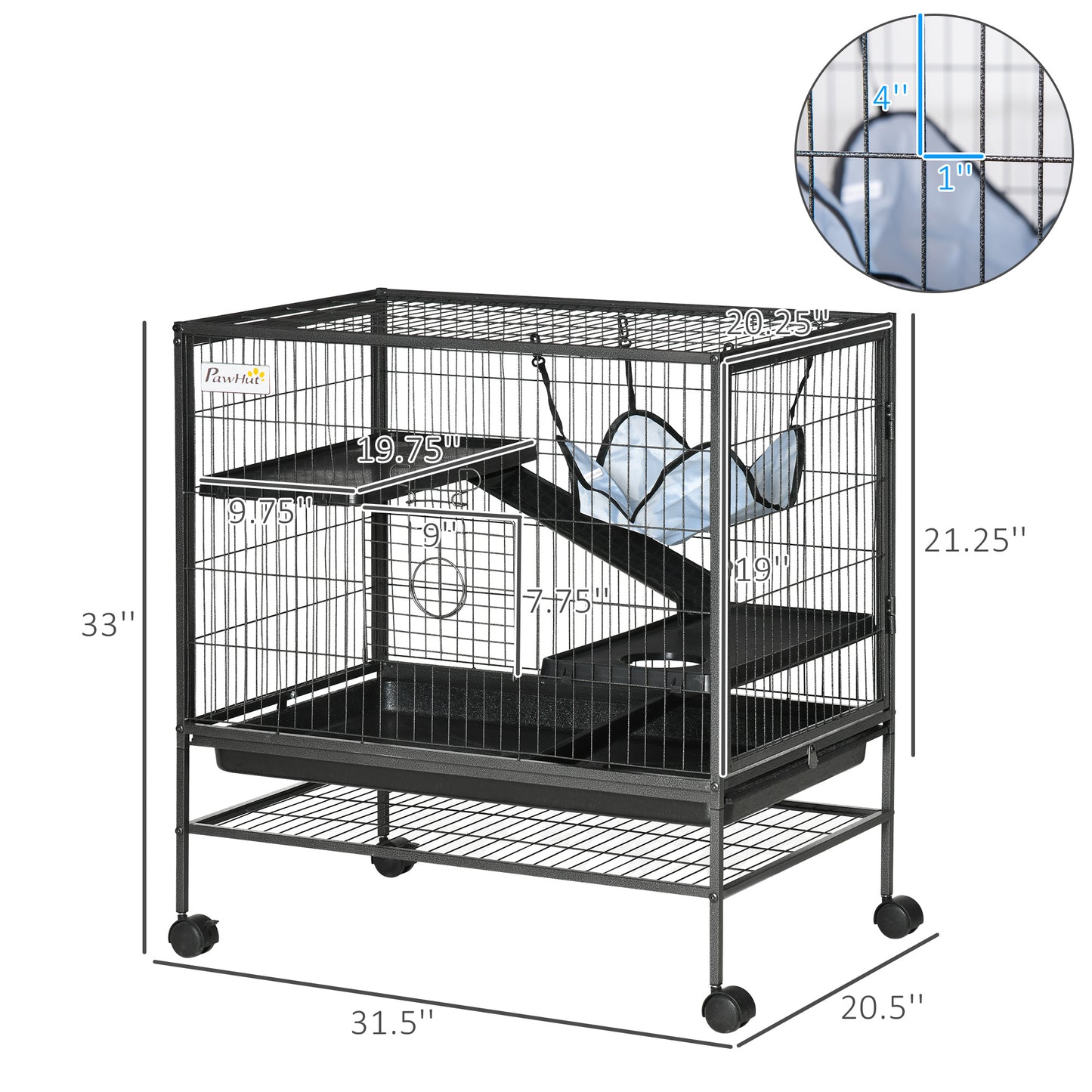 PawHut Small Animal Cage with Wheels, Pet Playpen for Rat, Syrian Hamster, Kitten, Ferrets, Chinchillas with Bottom Storage Shelf, Removable Tray, Ramp, 31.5" x 20.5" x 33.1"