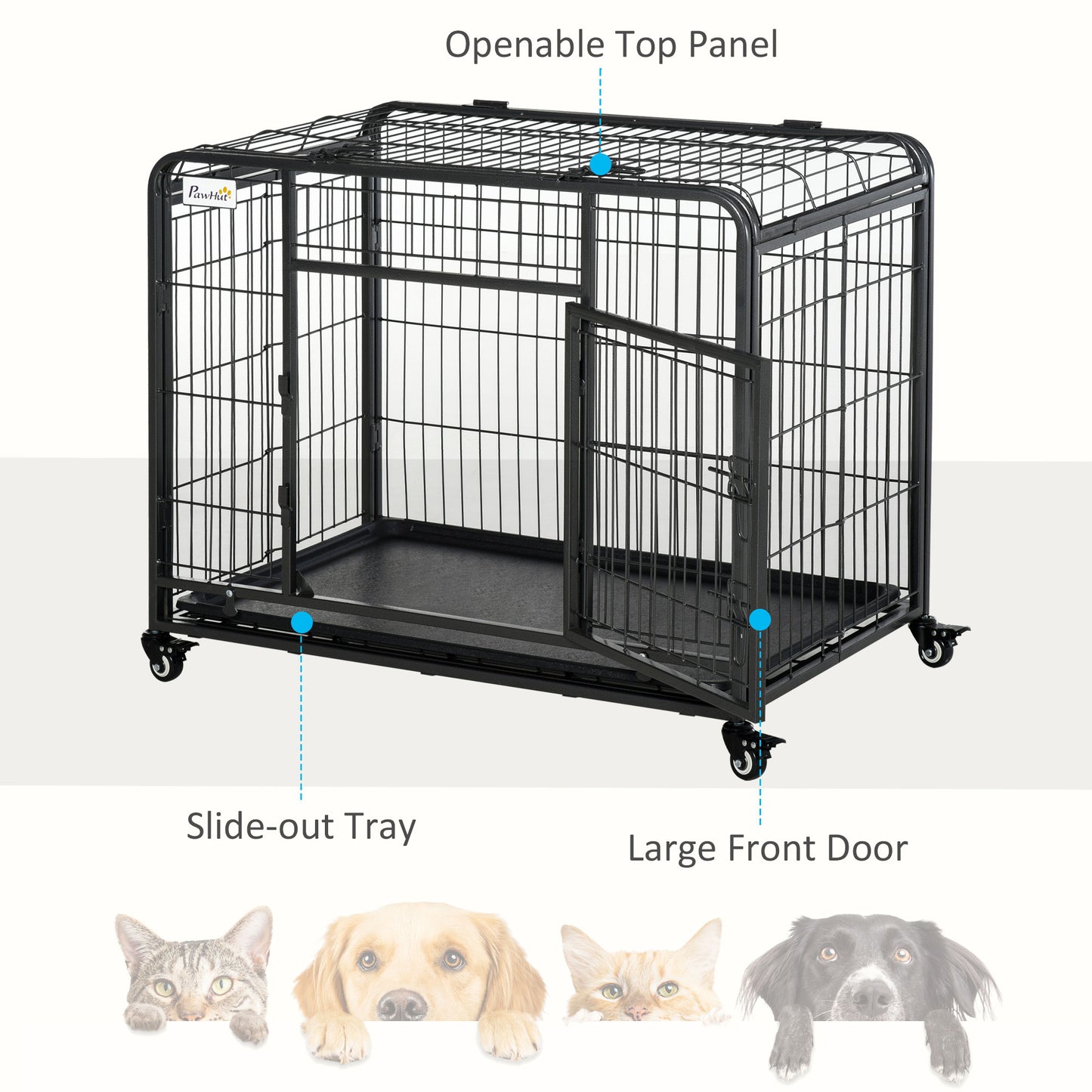 PawHut Folding Design Metal Dog Crate & Heavy Duty Kennel with Removable Tray 4 Locking Wheels 37" x 22.75" x 27.25"