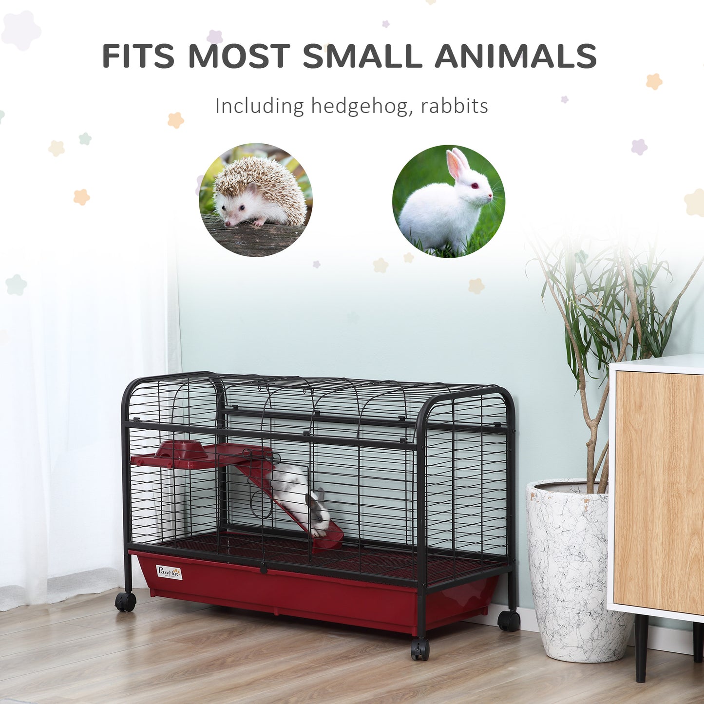 PawHut 41"L Small Animal Cage, Pet Play House for Rabbit Hutch Ferret with Feeder, Rolling Wheels, Platform, Ramp
