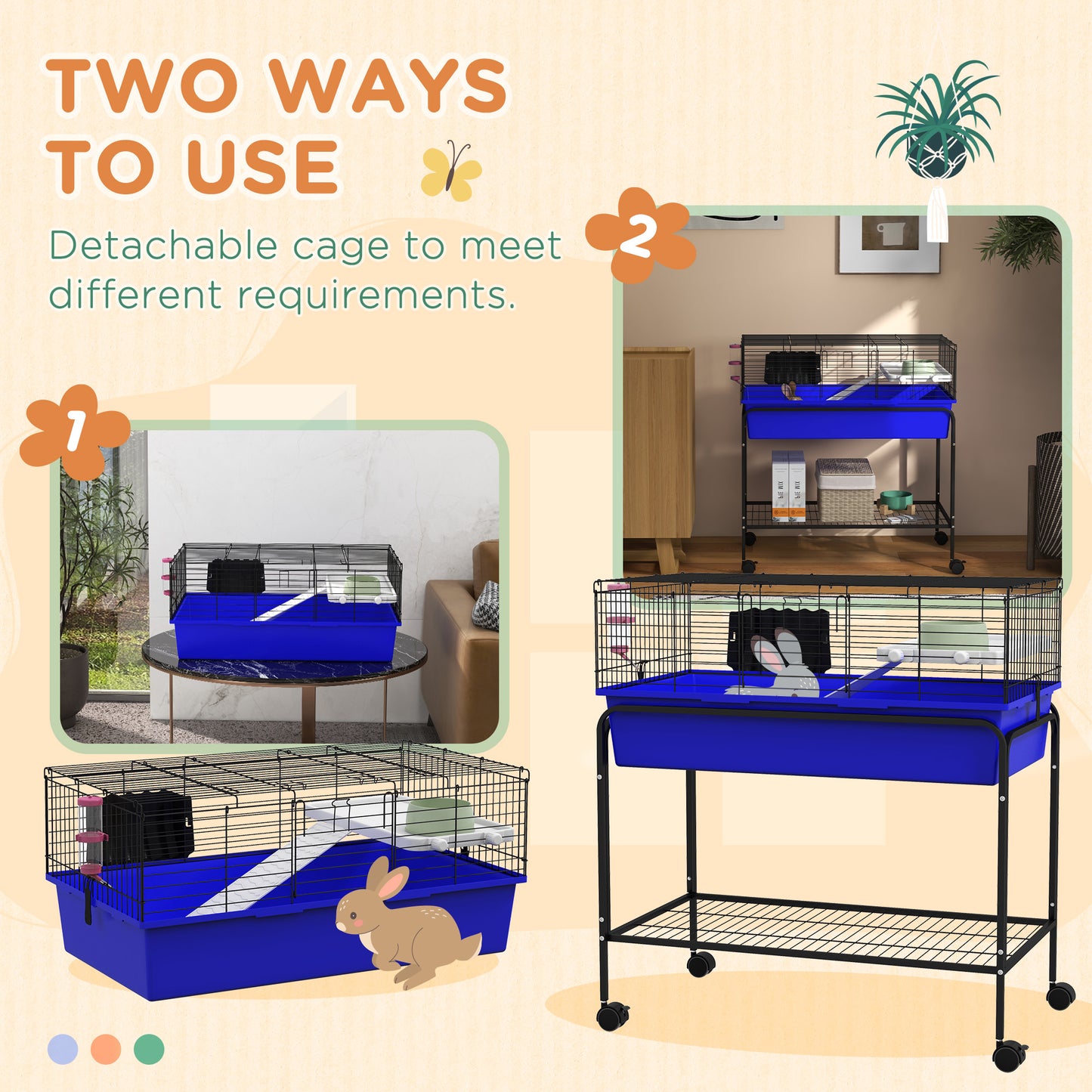 PawHut Two-Story Small Animal Cage Removable from Stand, Pet Habitat with Shelf & Wheels, 33" x 18.5" x 35", Blue