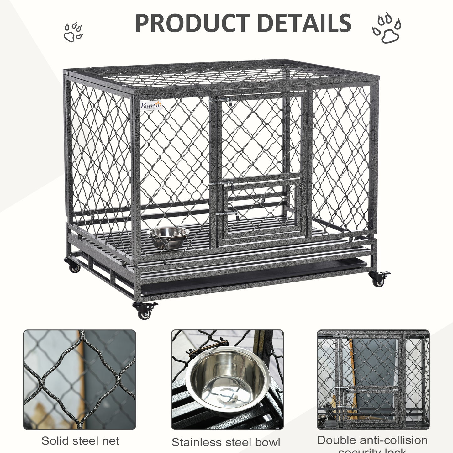 PawHut Heavy Duty Dog Crate, Metal Dog Cage Kennel with Lockable Wheels, Slide-Out Tray, Food Bowl and Double Doors, 42.5"