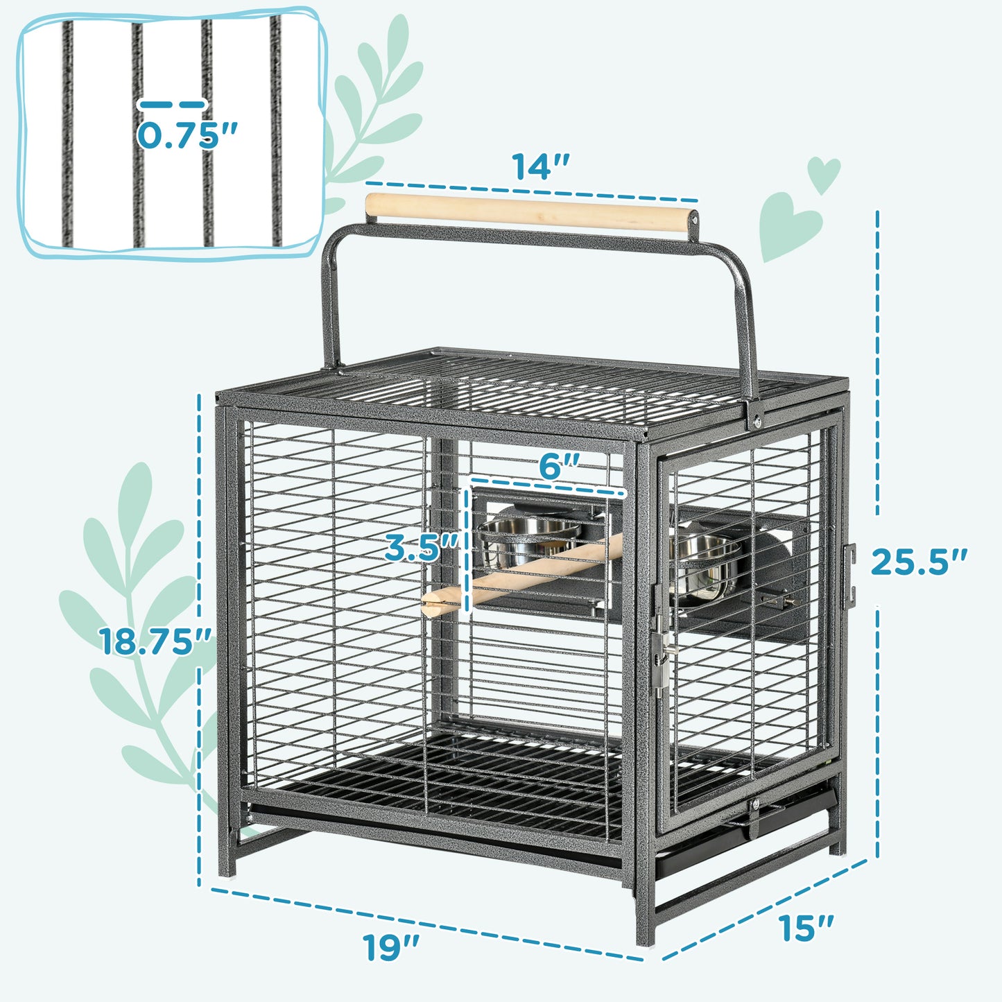 PawHut 18" Parrot Travel Carrier, Heavy Duty Wrought Iron Travel Bird Cage Carrier With Handle Perch And Accessories, Black