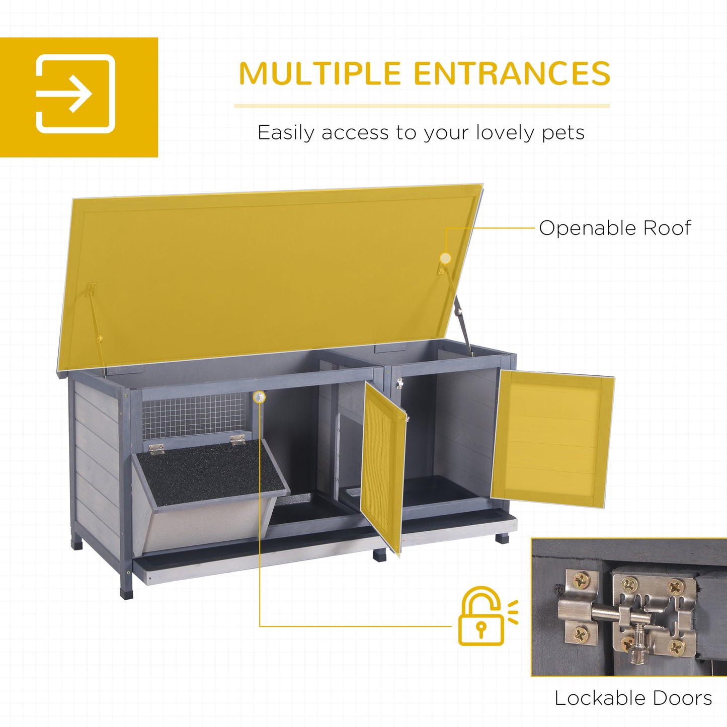 PawHut Wooden Rabbit Hutch Bunny Hutch Cage Guinea Pig with Waterproof Roof, No Leak Tray and Feeding Trough, for Rabbits, Chickens, Ducks, Indoor/Outdoor, Gray