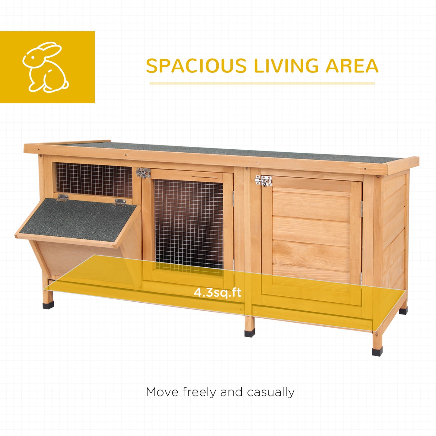 PawHut Large Bunny Hutch, Rabbit Cage with 2 Outside Areas and 1 Main House for Small Animals, Yellow