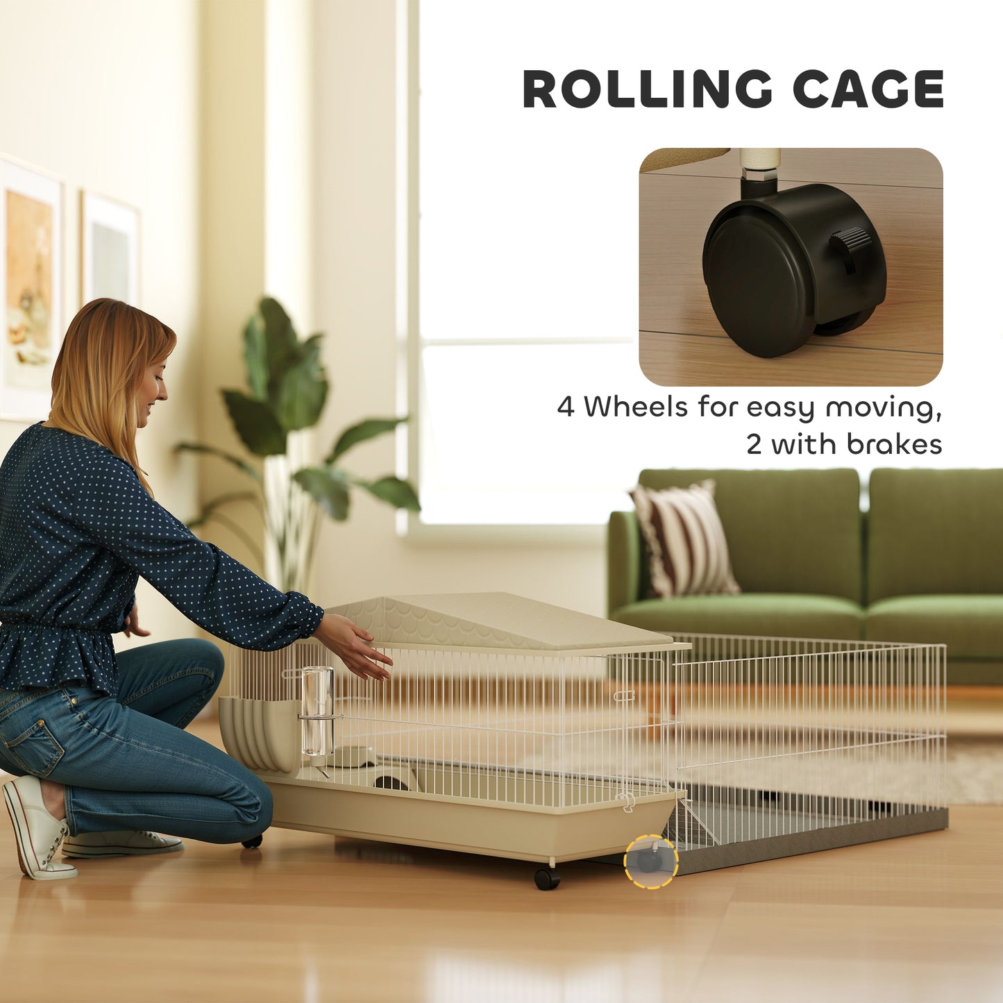 PawHut Small Animal Cage with Removable Pet Playpen, Guinea Pig Cage with Waterproof Pad, Hay Feeder, Water Bottle, Food Dish