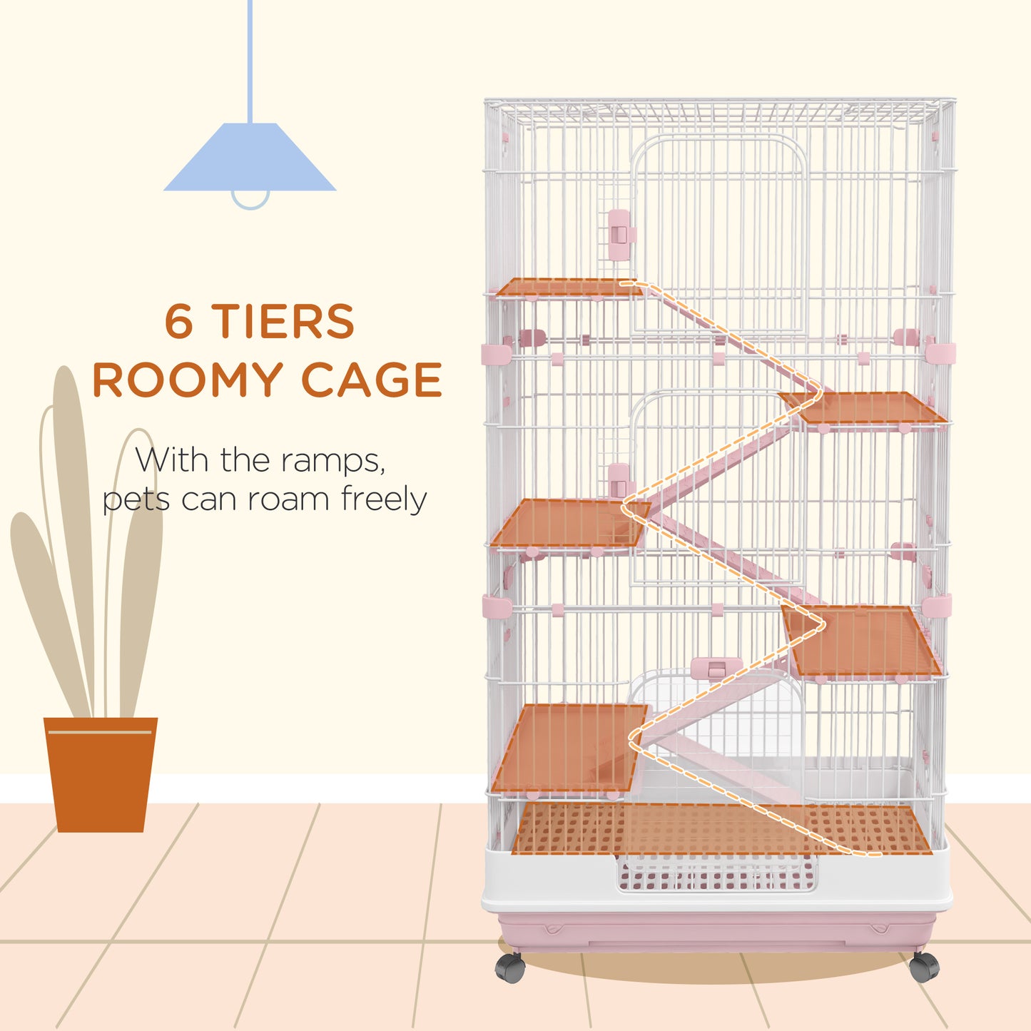 PawHut 32"L 6-Level Small Animal Cage Rabbit Hutch with Universal Lockable Wheels, Slide-out Tray for Bunny, Chinchillas, Ferret, Pink