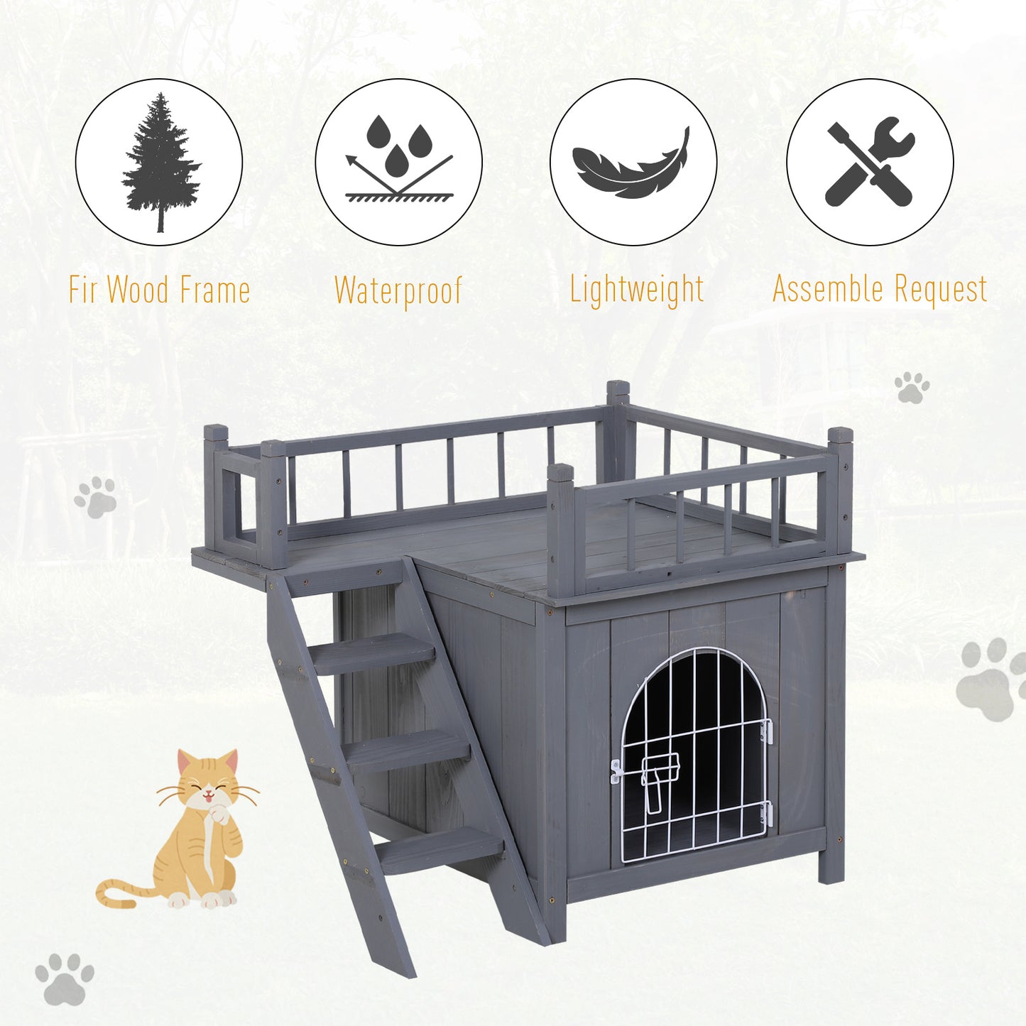 PawHut 2-Level Wooden Cat House, Outdoor Dog Shelter Cat Condo with Lockable Wire Door and Balcony, Gray