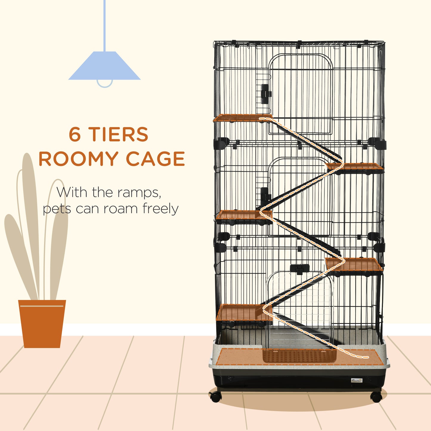 PawHut 32"L 6-Level Small Animal Cage Rabbit Hutch with Universal Lockable Wheels, Slide-out Tray for Bunny, Chinchillas, Ferret, Black