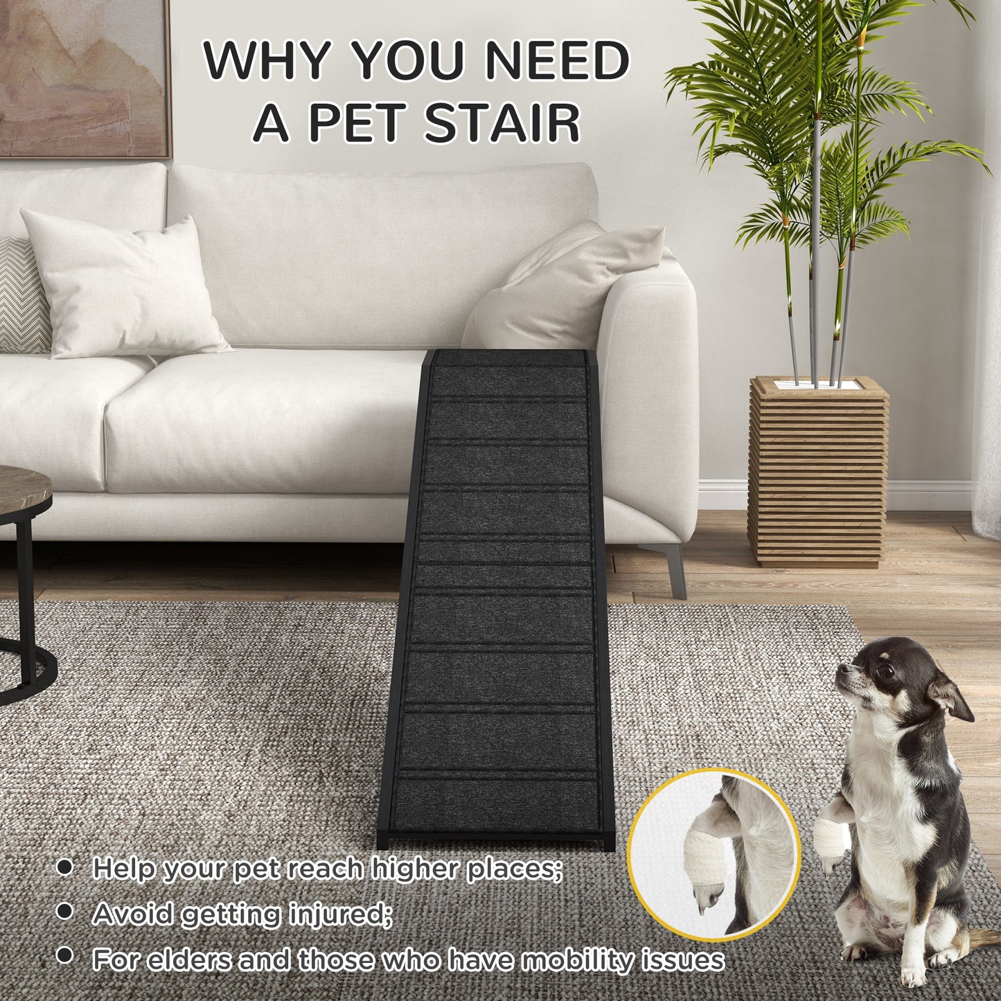 PawHut Dog Ramp w/ Non-Slip Carpet and Top Platform, 74" x 16" x 25", Black
