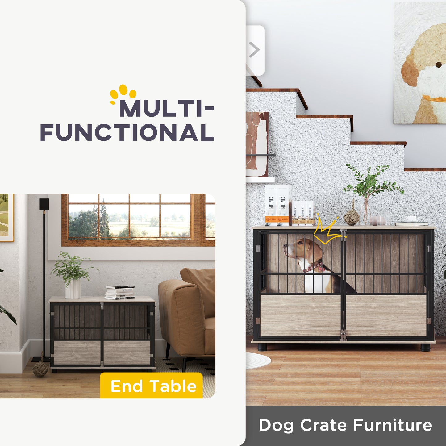 PawHut 39.5" Furniture Style Dog Crate End Table w/ 3 Doors for Small to Large Dogs, Walnut Finish