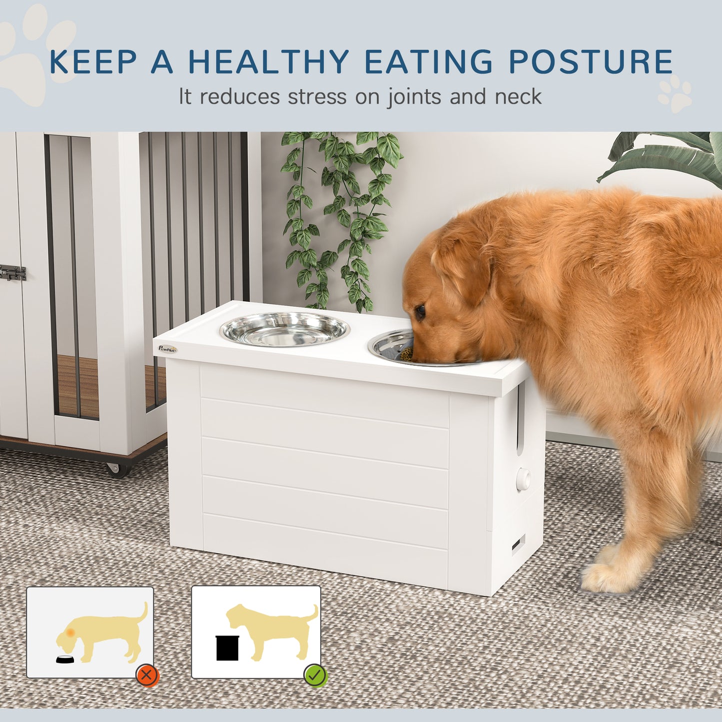 PawHut Elevated Dog Bowls with Slow Feeder Mat, Storage Cabinet, 3 Stainless Steel Bowls for Large & Extra Large Dogs, White