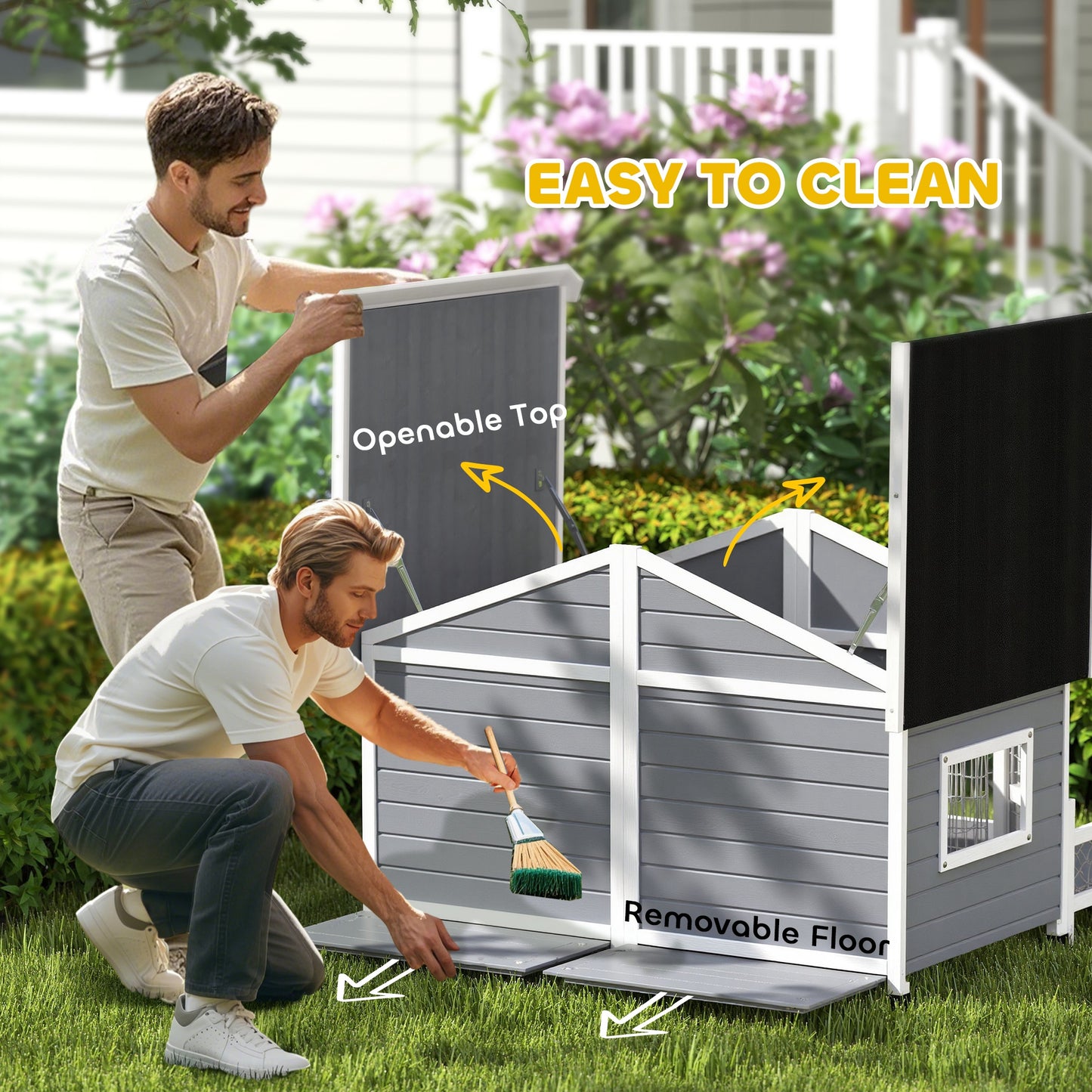 PawHut Dog House Outdoor, Wooden Dog Kennel Weatherproof with Porch, Openable Roof, Removable Bottom, Elevated Floor, Double Room for 2 Small to Medium Breeds, Gray