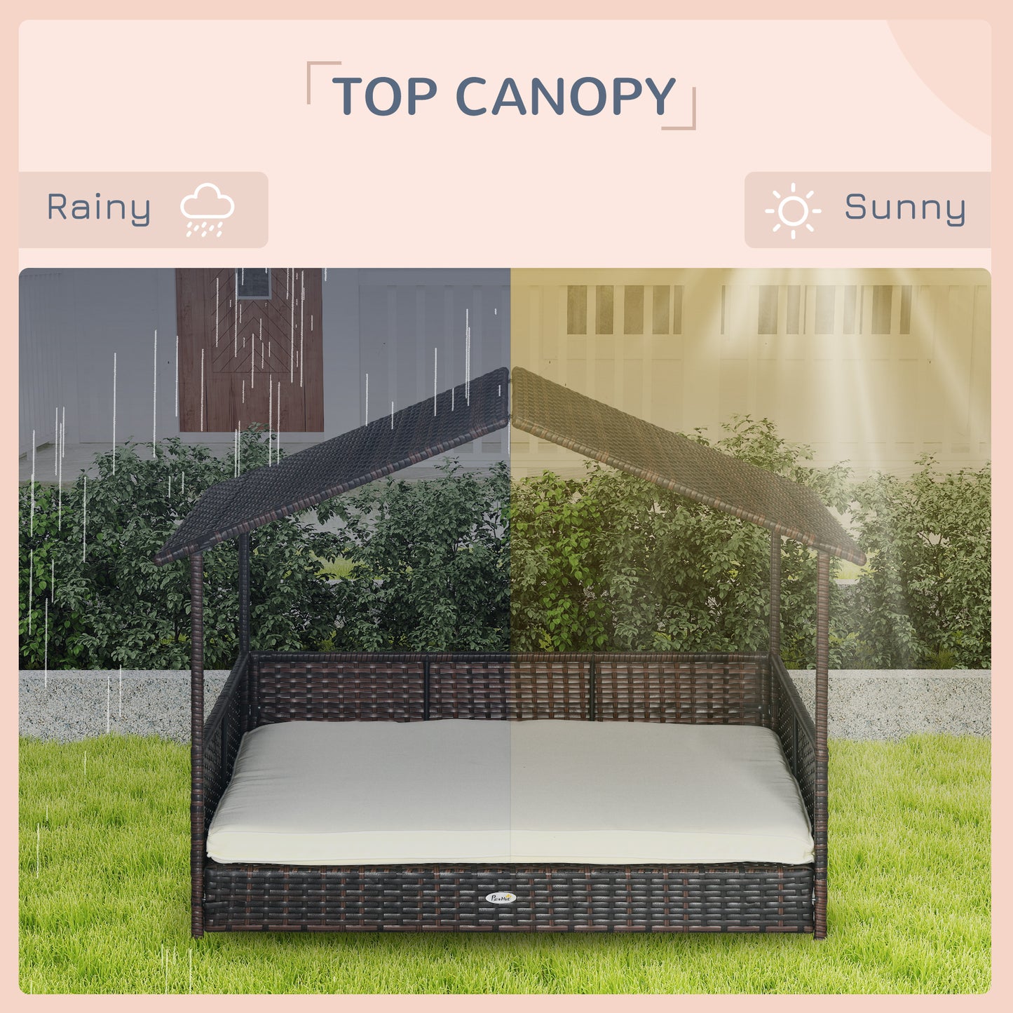 PawHut Outdoor Dog Bed with Canopy, Rattan Dog Bed with Soft Cushion Removable Cover for Medium and Large Dogs, Cream White