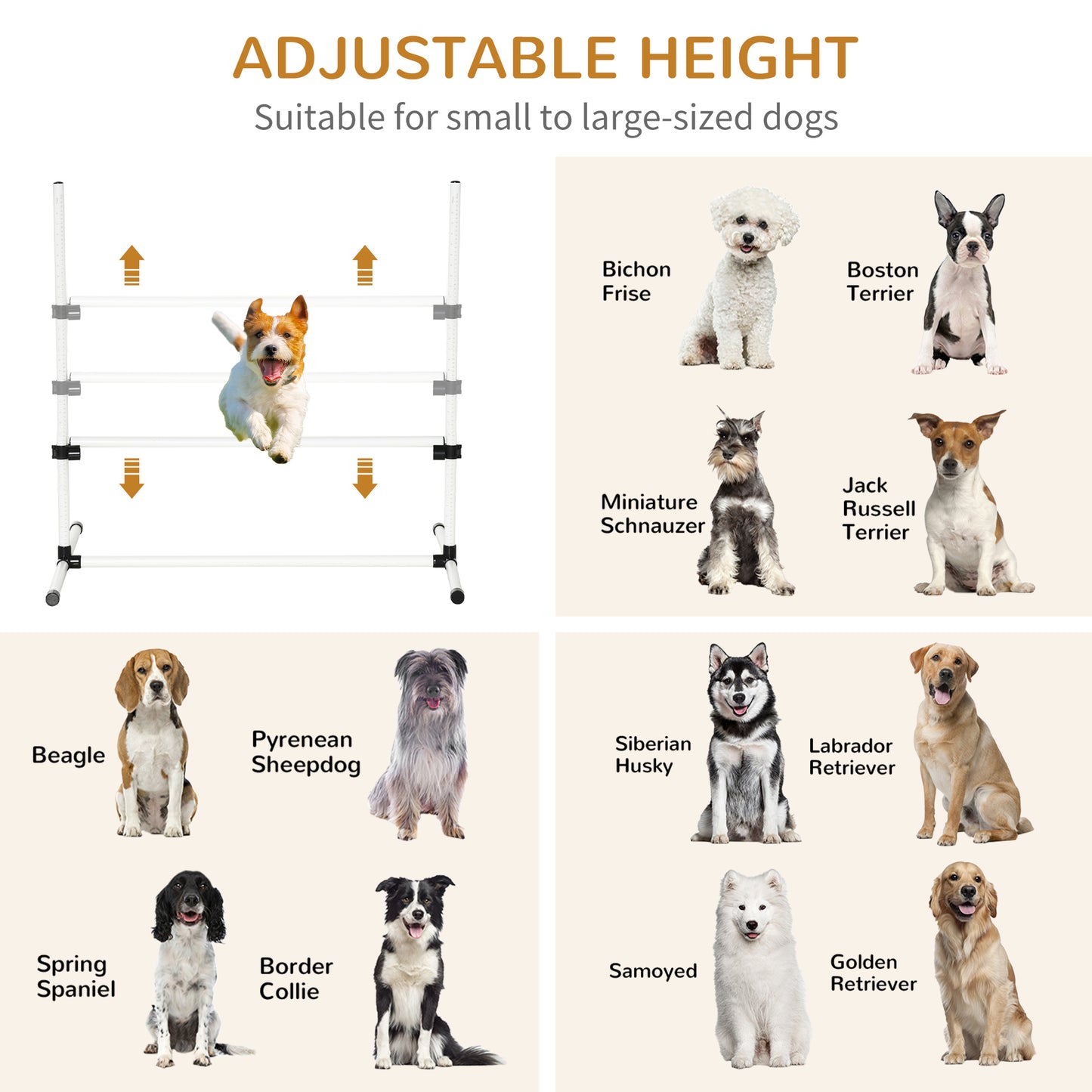 PawHut 4 Piece Dog Agility Training Equipment for Dog Agility Course with Adjustable Height Jump Bars, Included Carry Bag, & Displacing Top Bar, White
