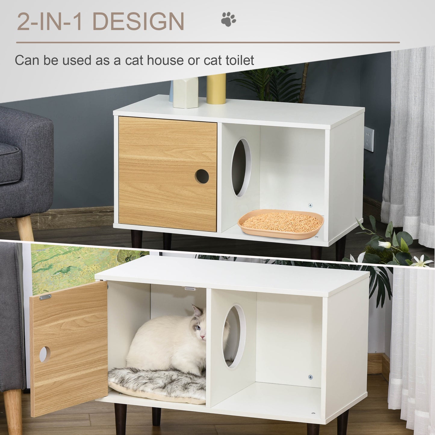 PawHut Wooden Cat House with Soft Cushion, Decorative Kitten Condo Side Table, Elevated Pet House with Storage Space