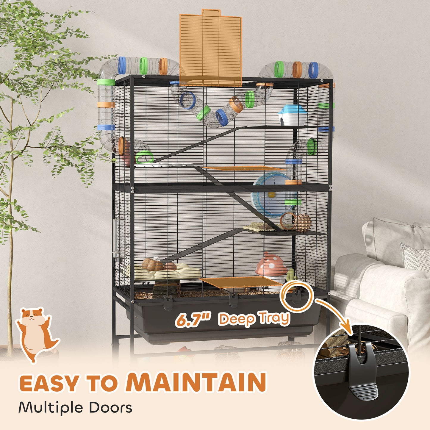 PawHut 5 Tier Hamster Cage, Rolling Rat Cage with Deep Tray, Storage Shelf, Big Exercise Wheel, Hut, Tube System