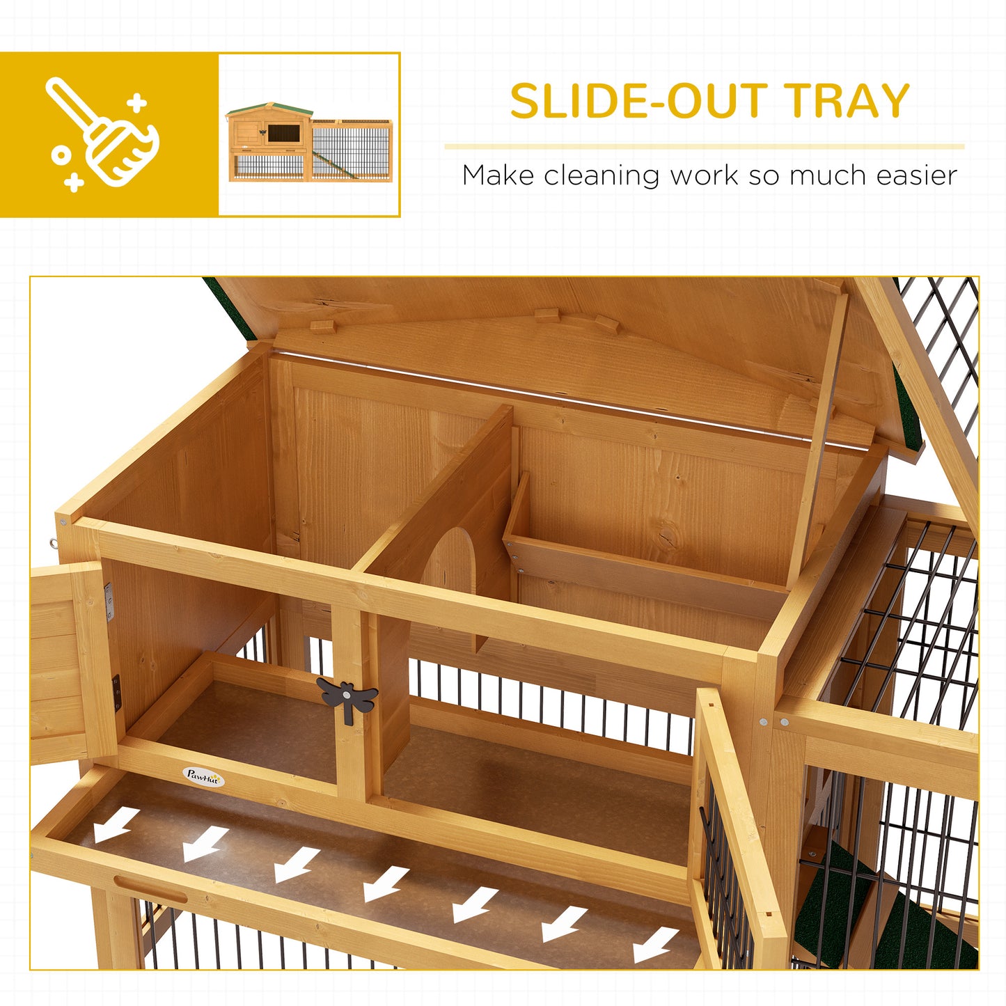 PawHut 2 Level 59" Outdoor Rabbit Hutch with Openable Top, Yellow