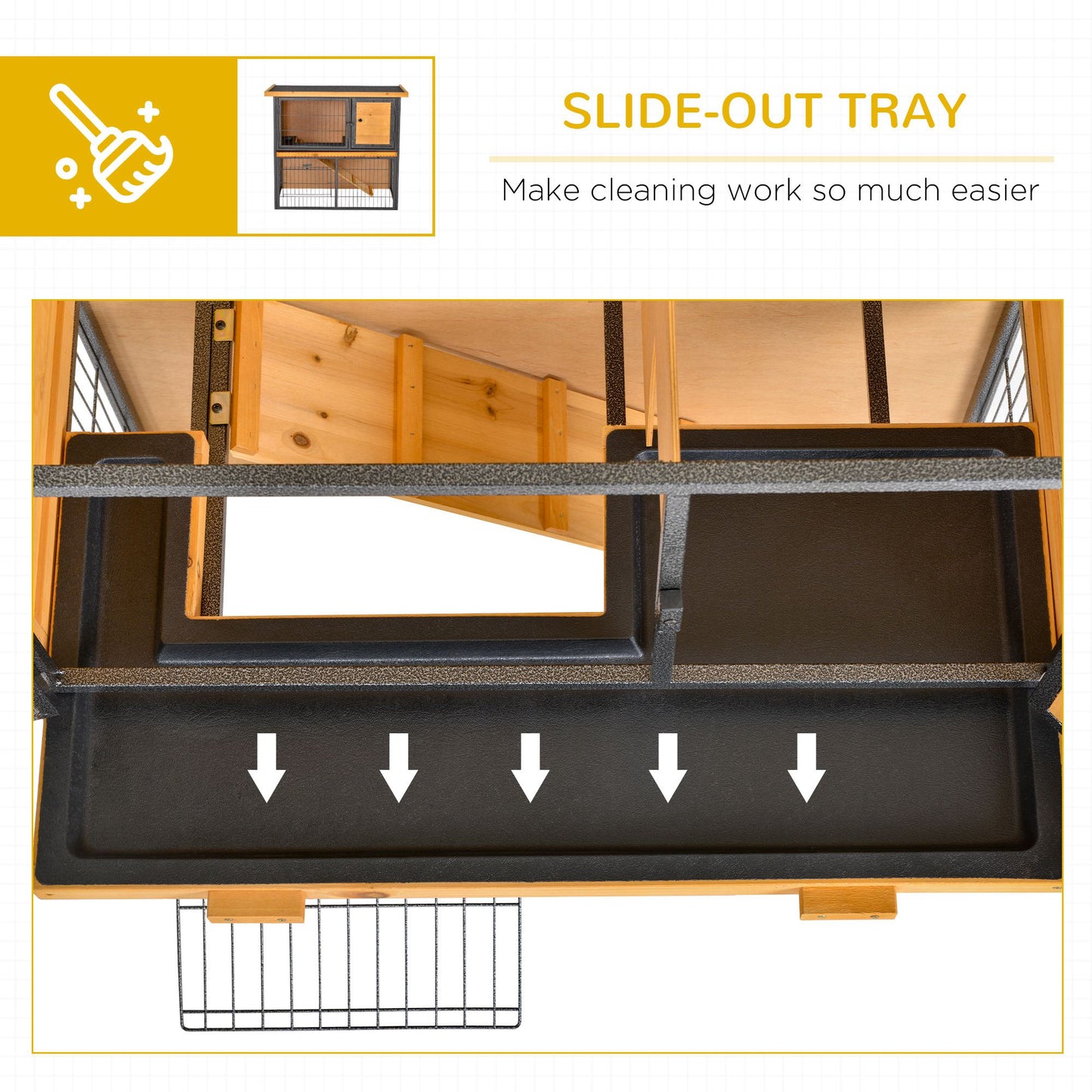 PawHut Wooden Rabbit Hutch Metal Frame Small Animal Habitat with No Leak Tray, Asphalt Openable Roof,Ramp and Lockable Door for Rabbits, Chickens, Ducks, Outdoor Light Yellow