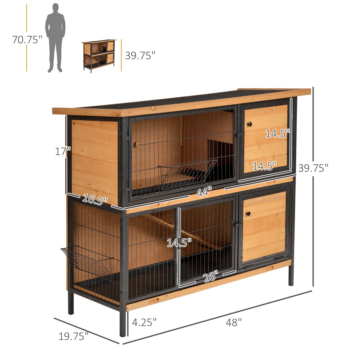PawHut 48" 2-Story Large Rabbit Hutch Bunny Cage Wooden Pet House Metal Frame with Rooms, Ramp, No Leak Tray, Feeding Trough, Waterproof Asphalt Roof for Rabbits, Chickens, Ducks, Outdoor/Indoor